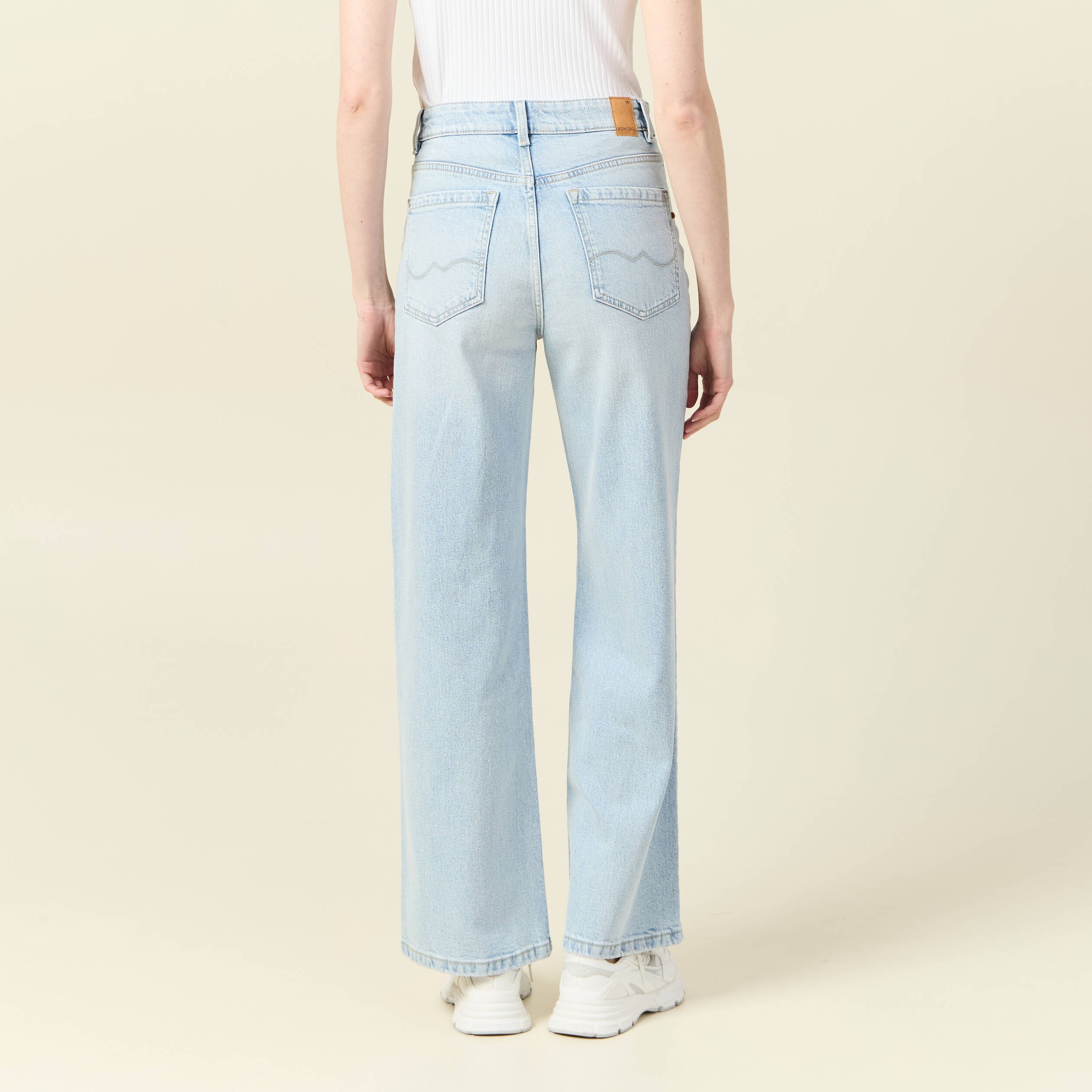 Jeans large taille haute denim bleach femme