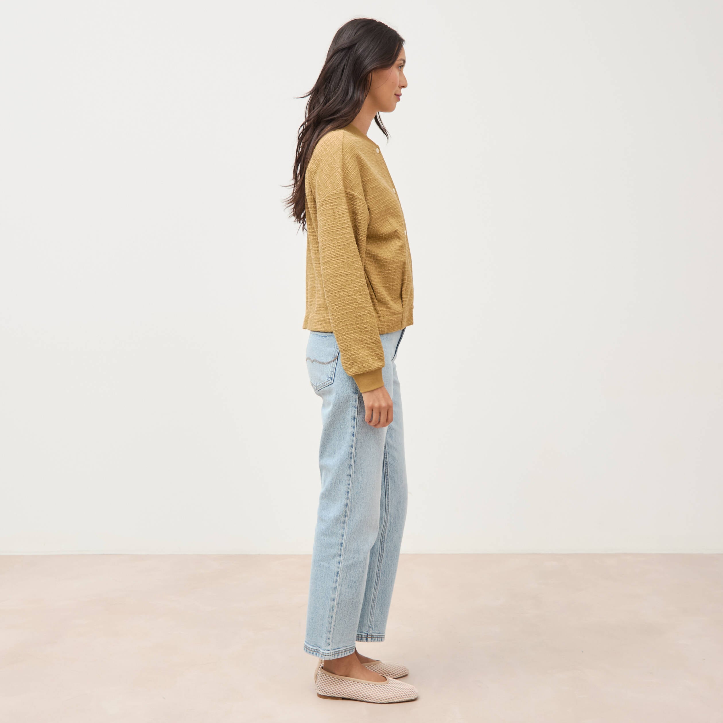 Veste droite manches longues tweed camel femme