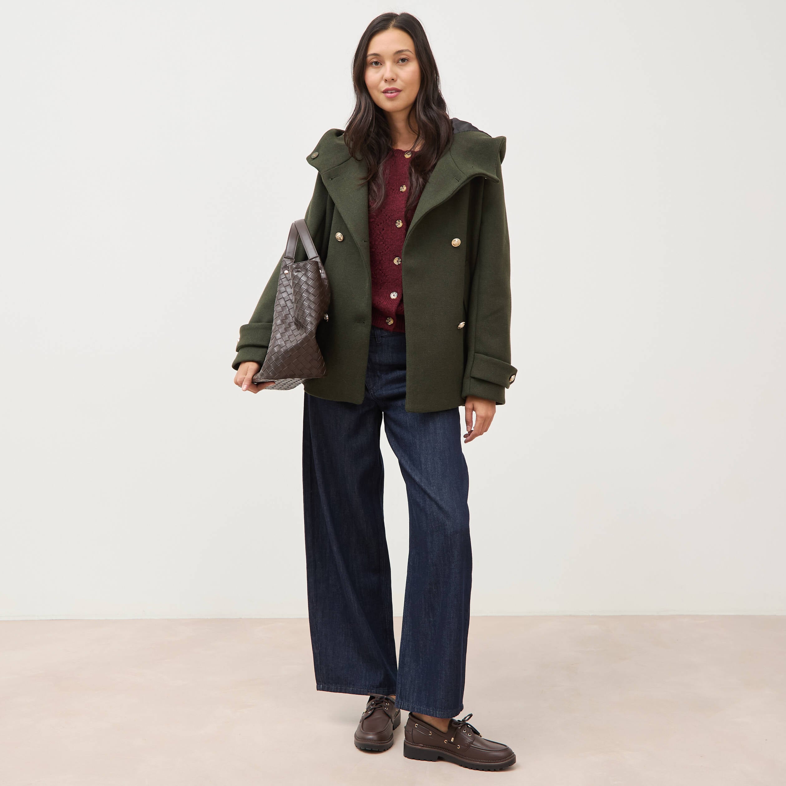 Caban oversize court &agrave; capuche vert olive femme