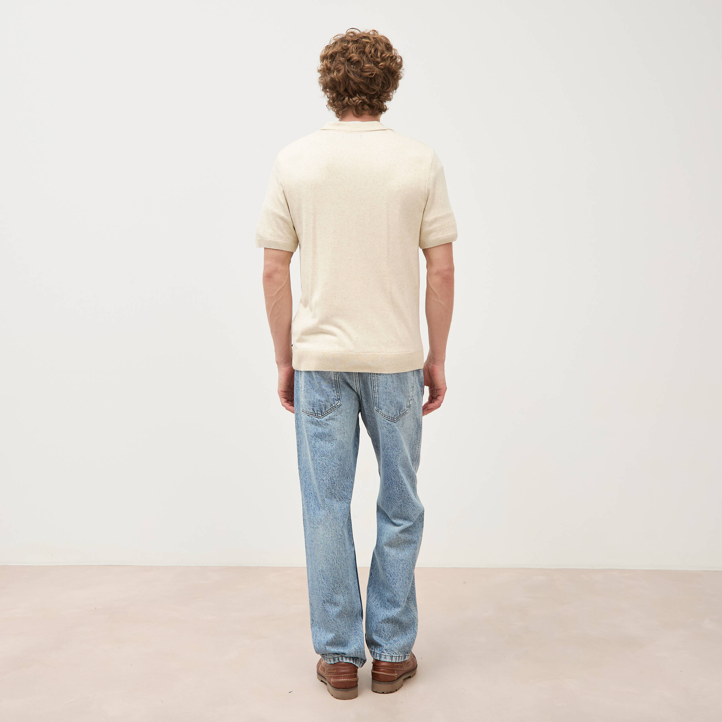 Polo manches courtes col cubain ecru homme