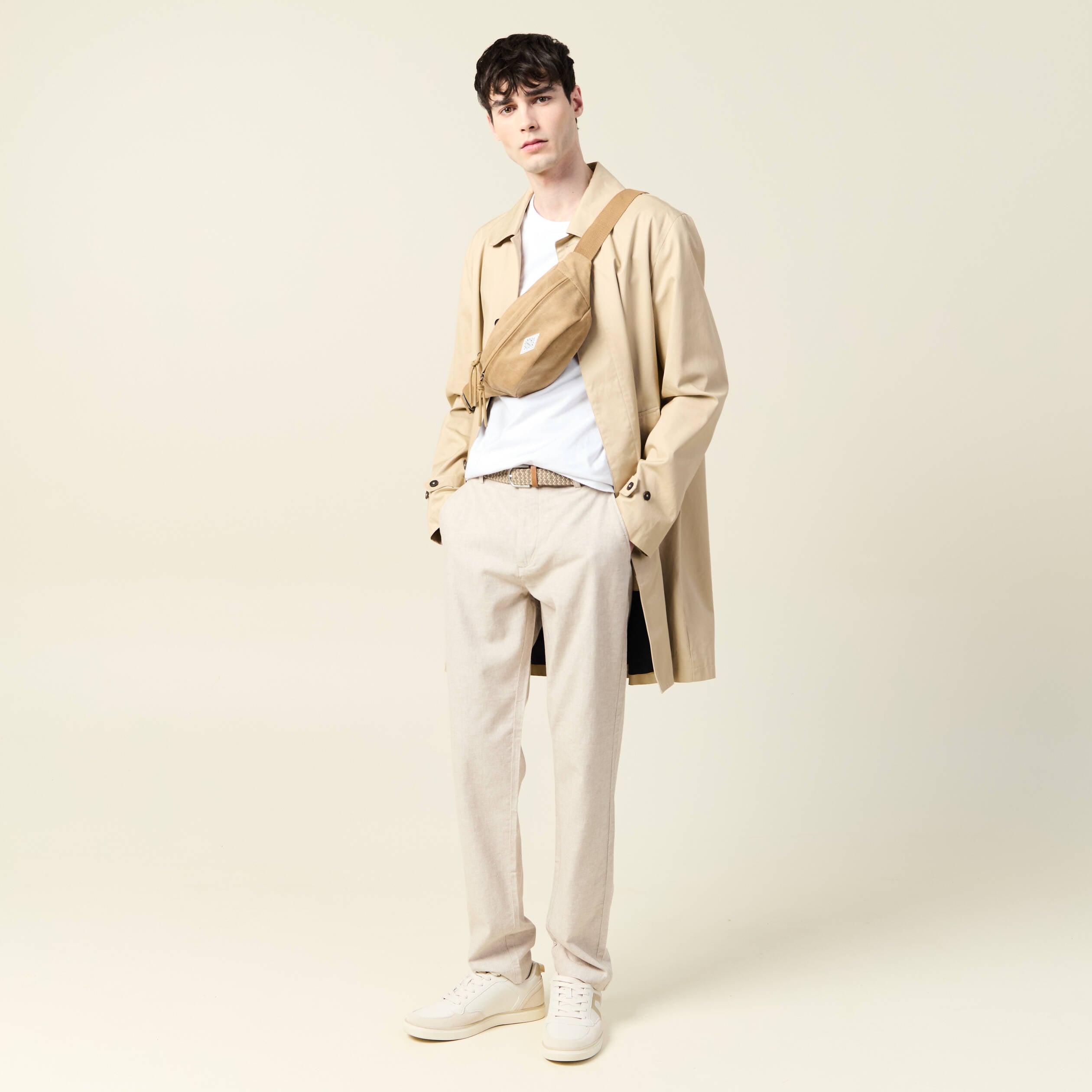 Pantalon chino longueur 32 avec ceinture beige homme