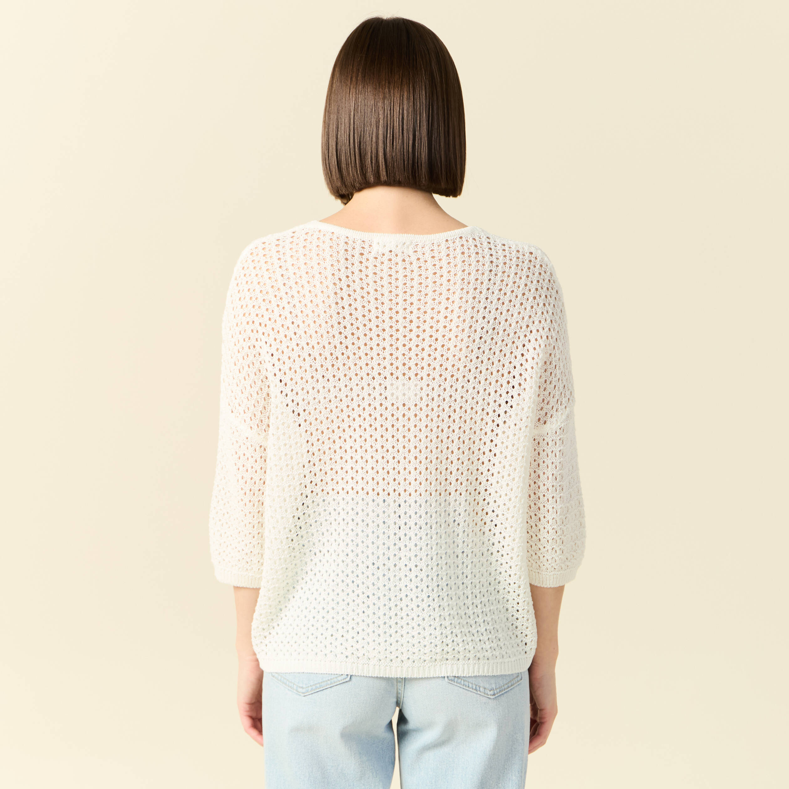 Pull ajour&eacute; col v manches 3/4 ecru femme