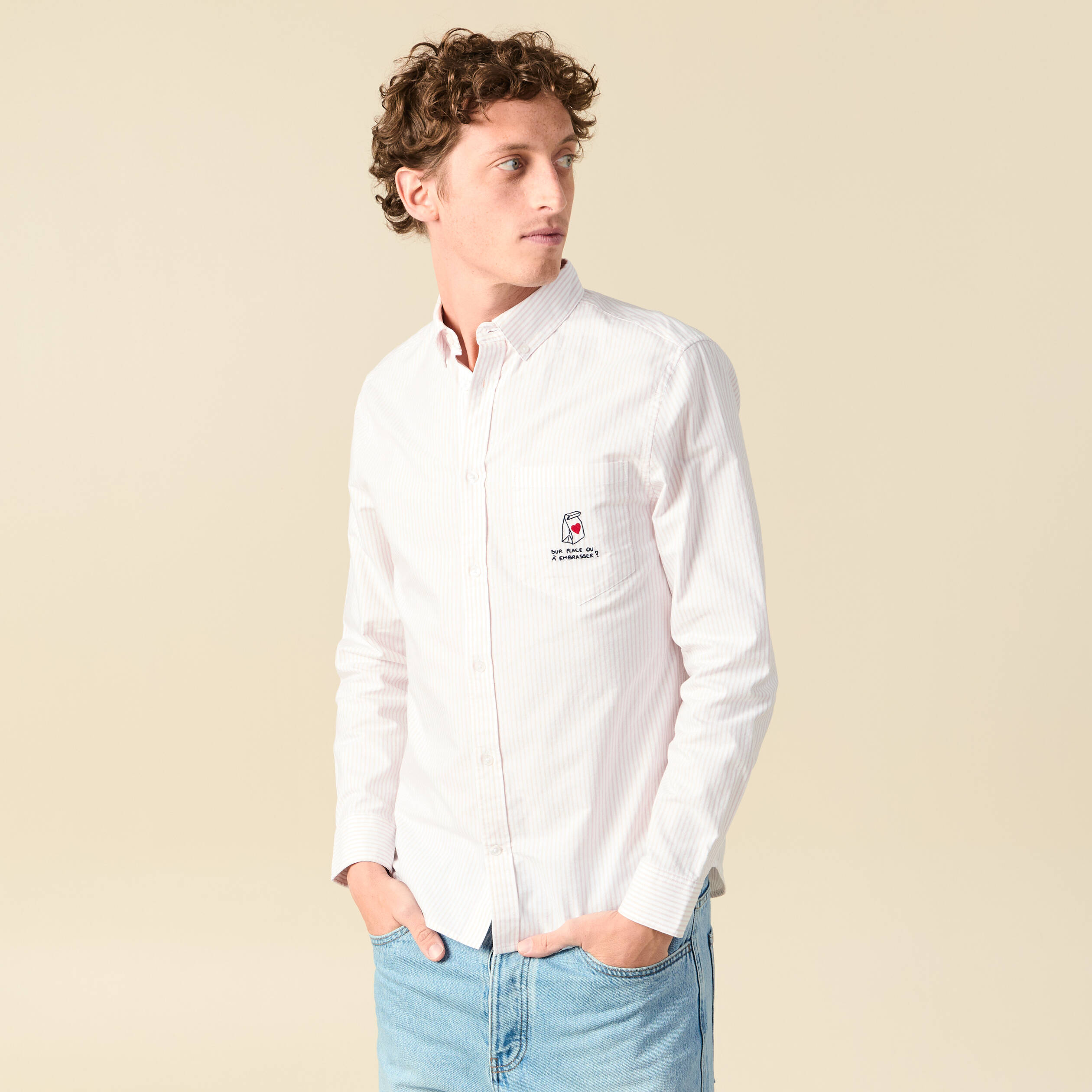 Chemise droite en coton rose poudr&eacute;e homme