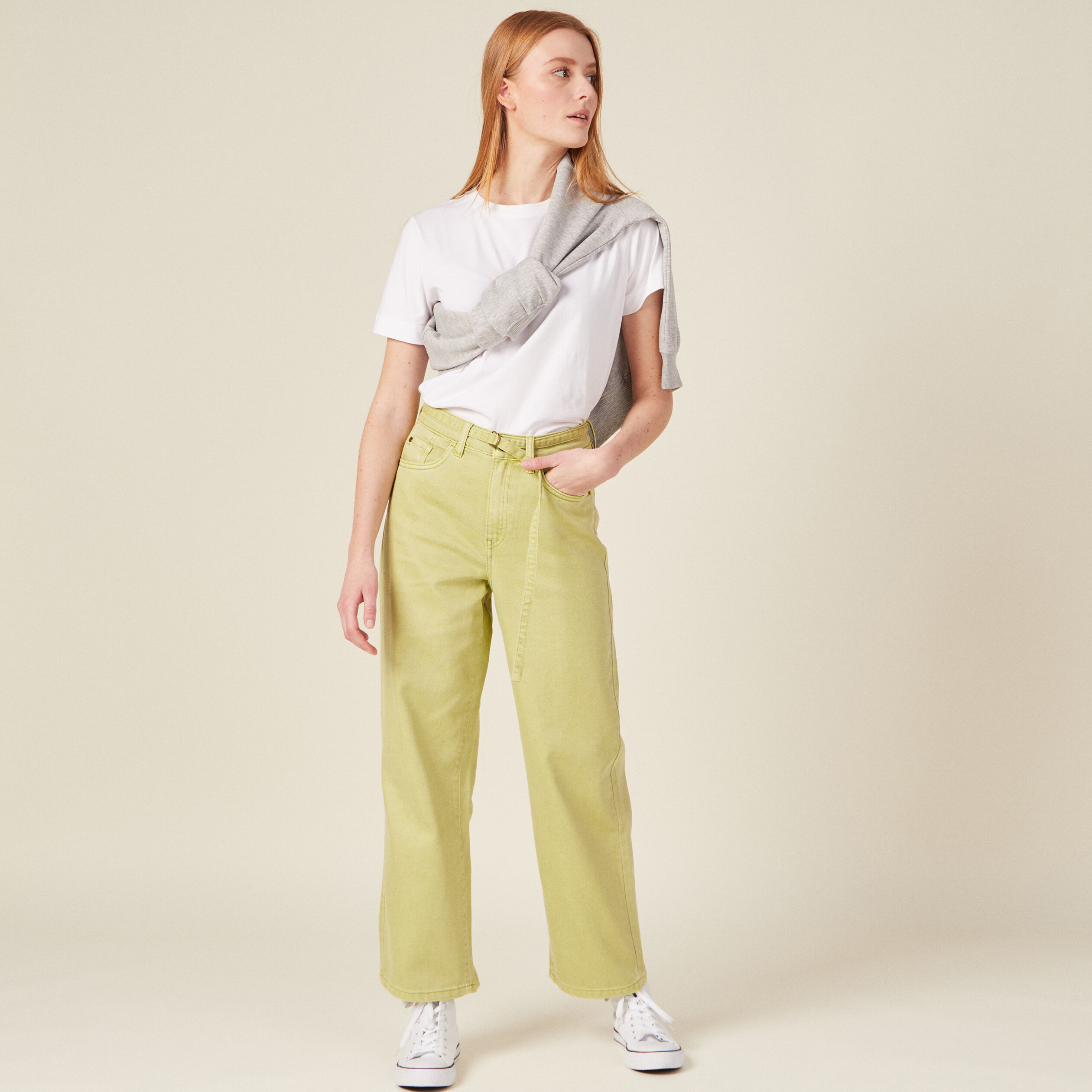 Jeans large taille haute vert anis femme