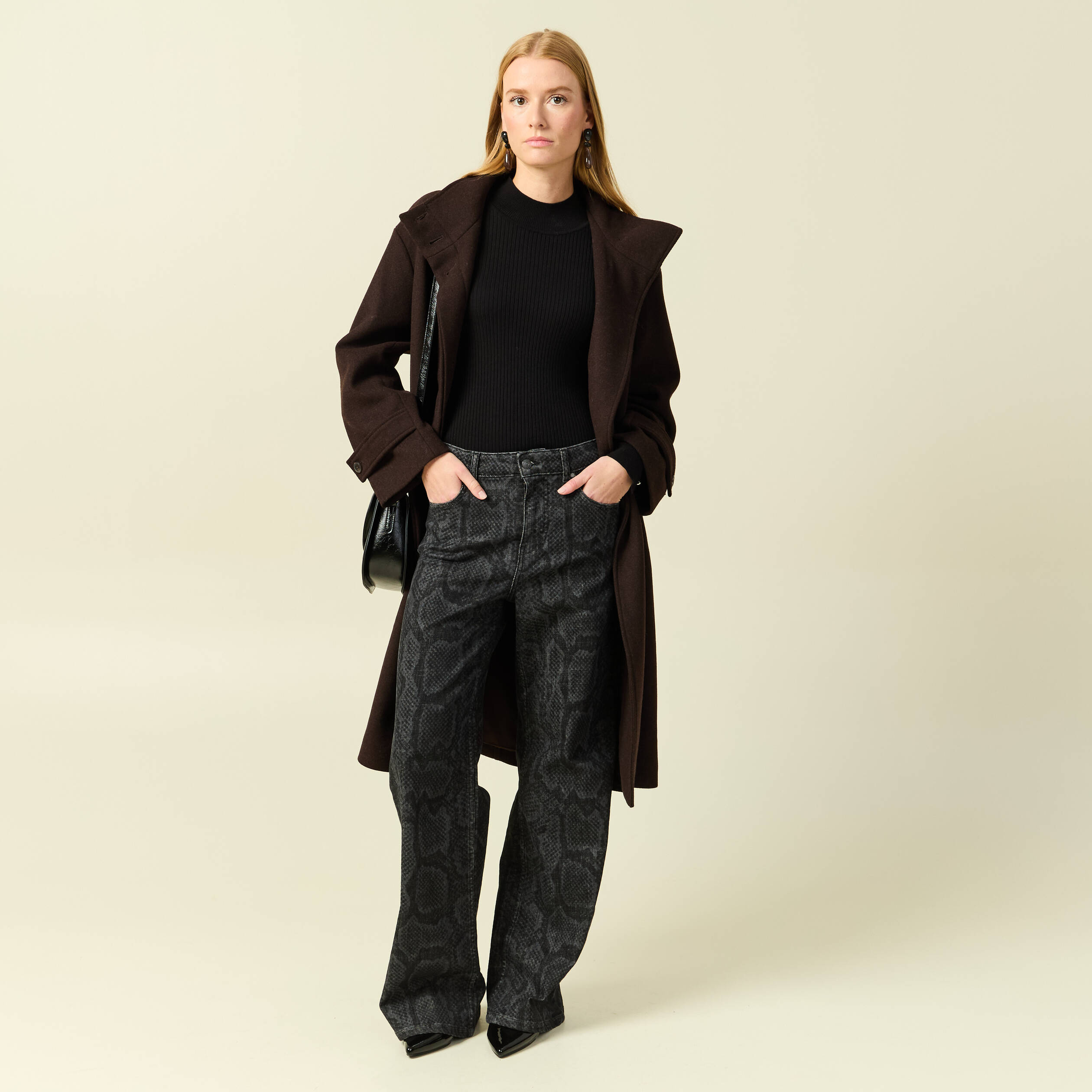 Pantalon wide large taille haute gris fonc&eacute; femme