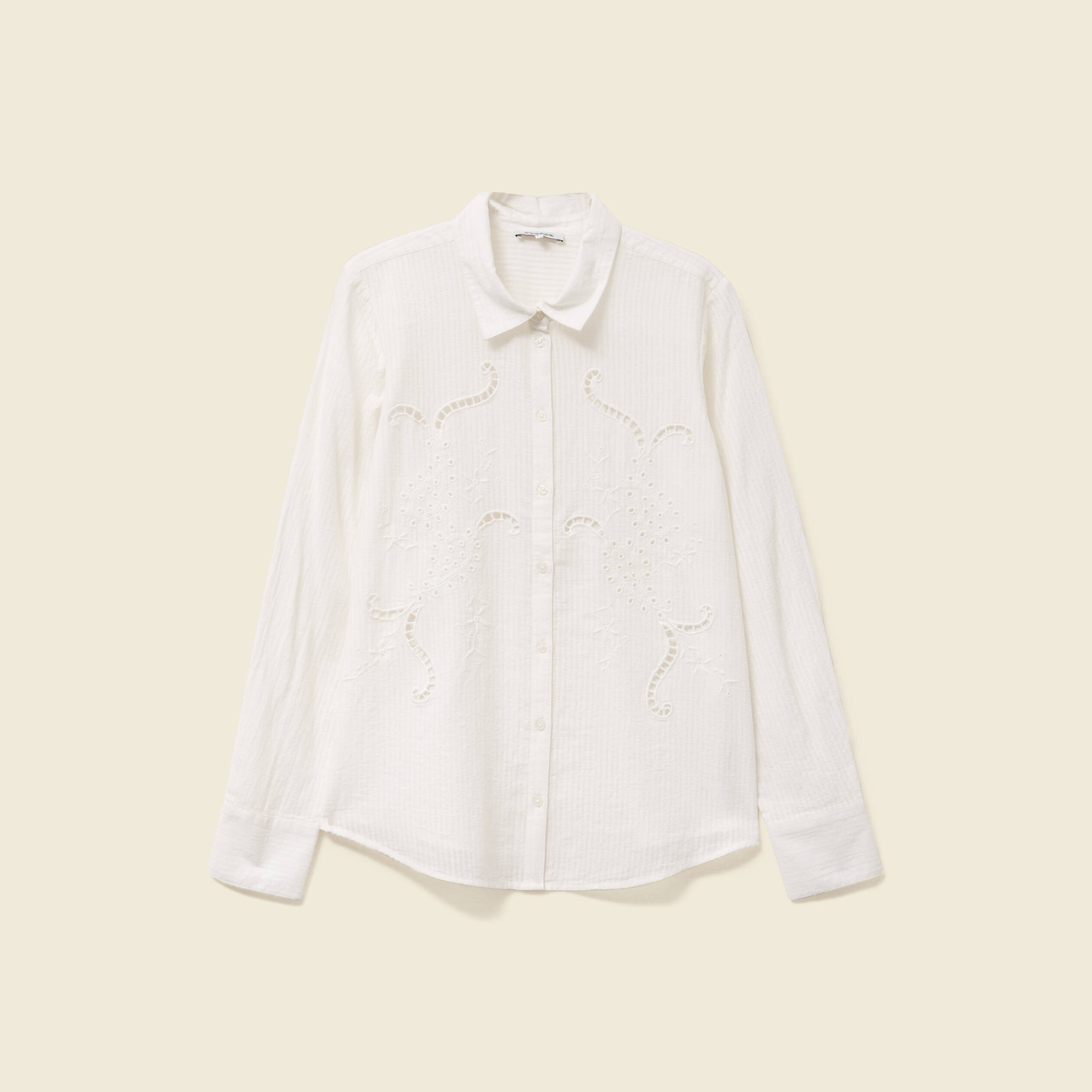 Chemise manches longues en coton brodée creme femme