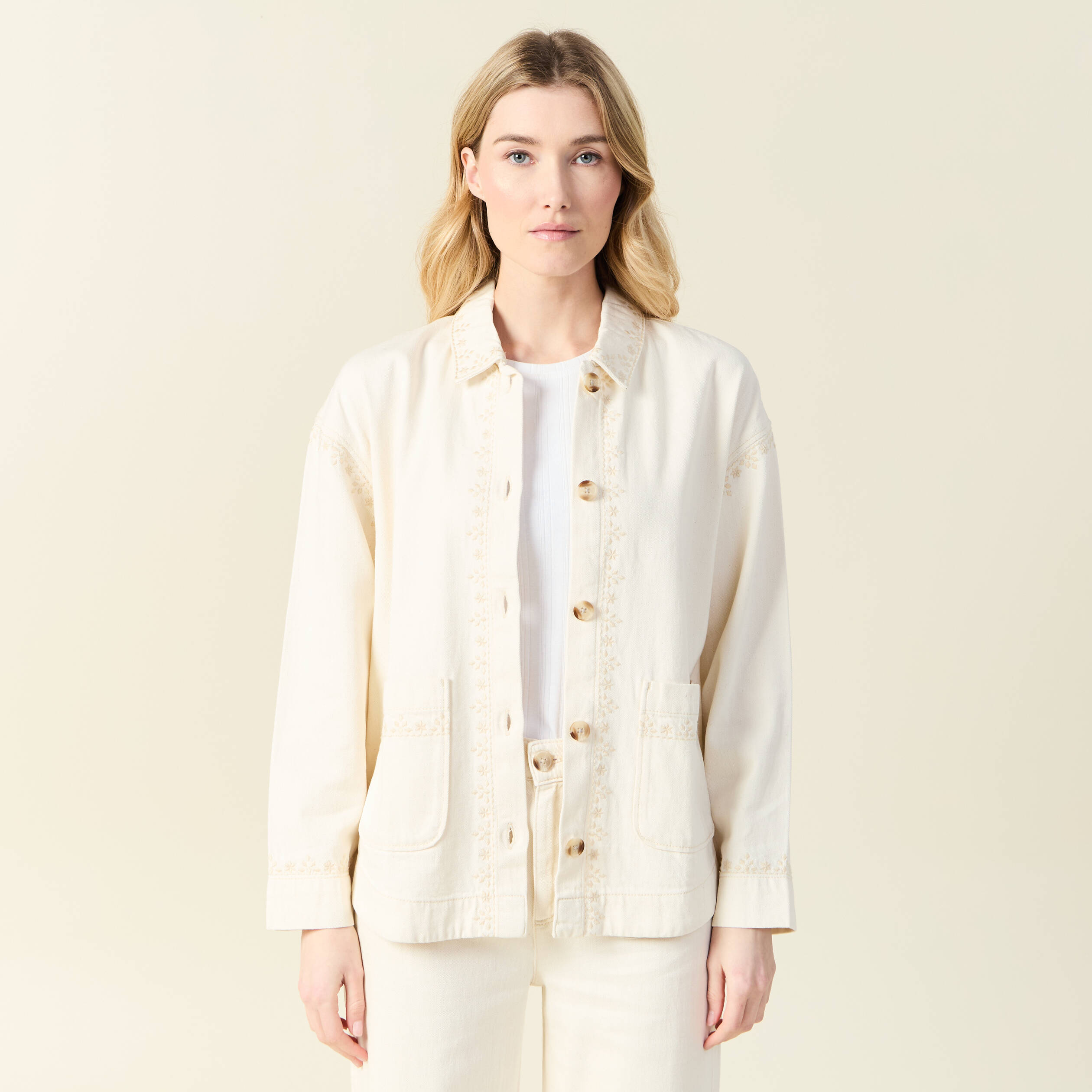 blouson boutonne brode denim blanc femme Blouson boutonné brodé denim blanc femme
