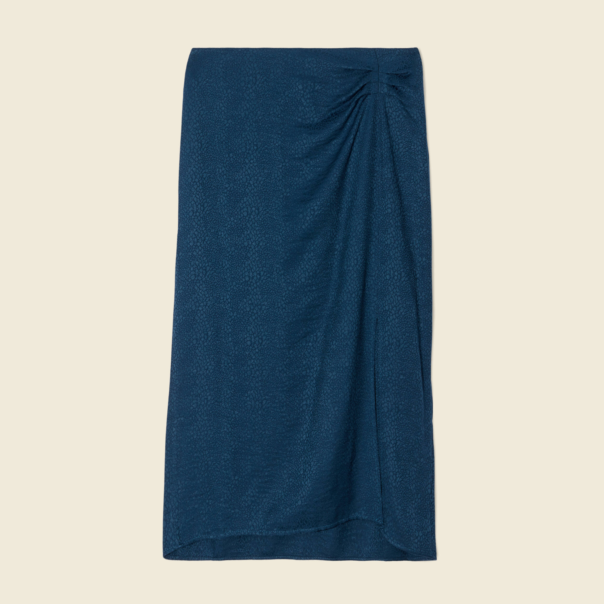 Jupe midi droite fendue satin bleu canard femme