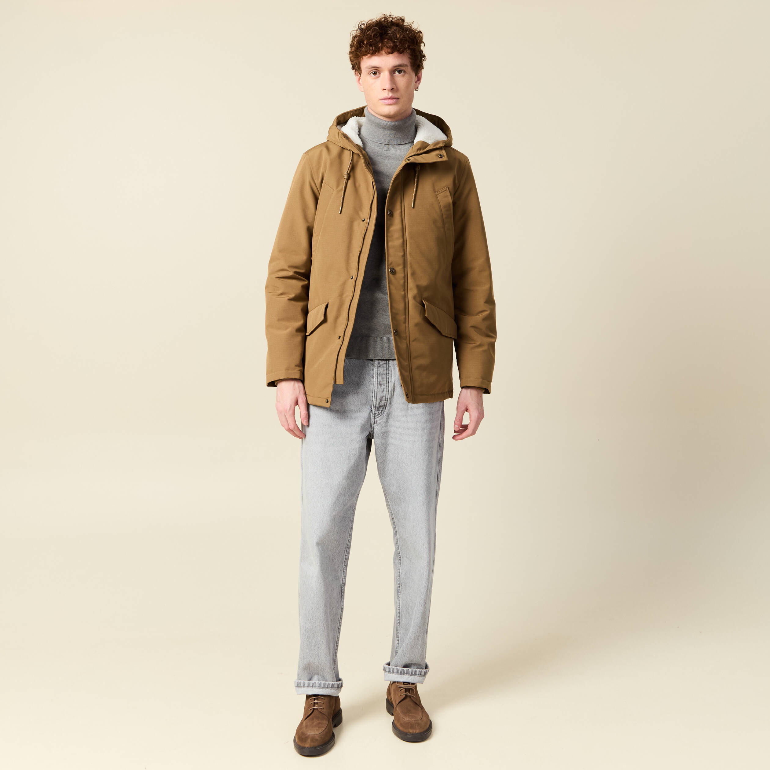 Parka droite mi-longue &agrave; capuche beige homme