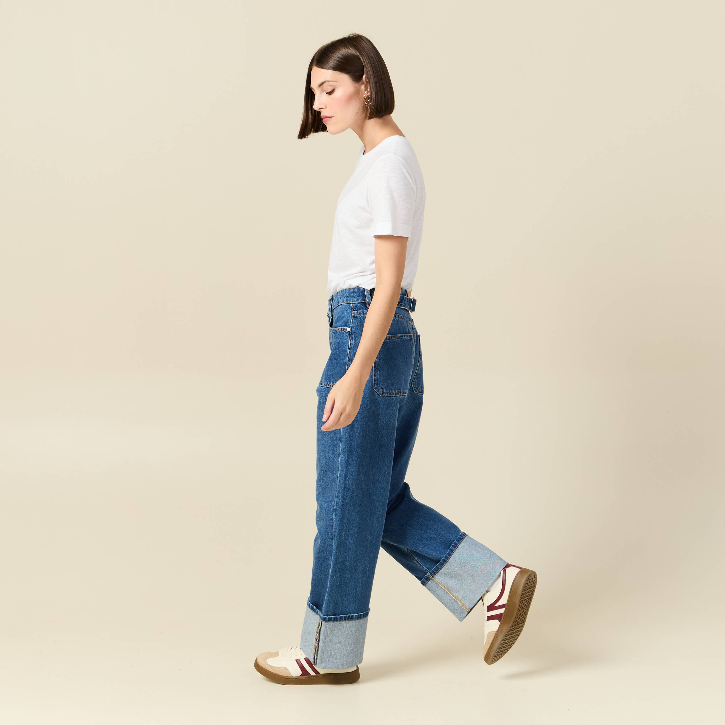 Jeans wide large taille haute denim stone femme