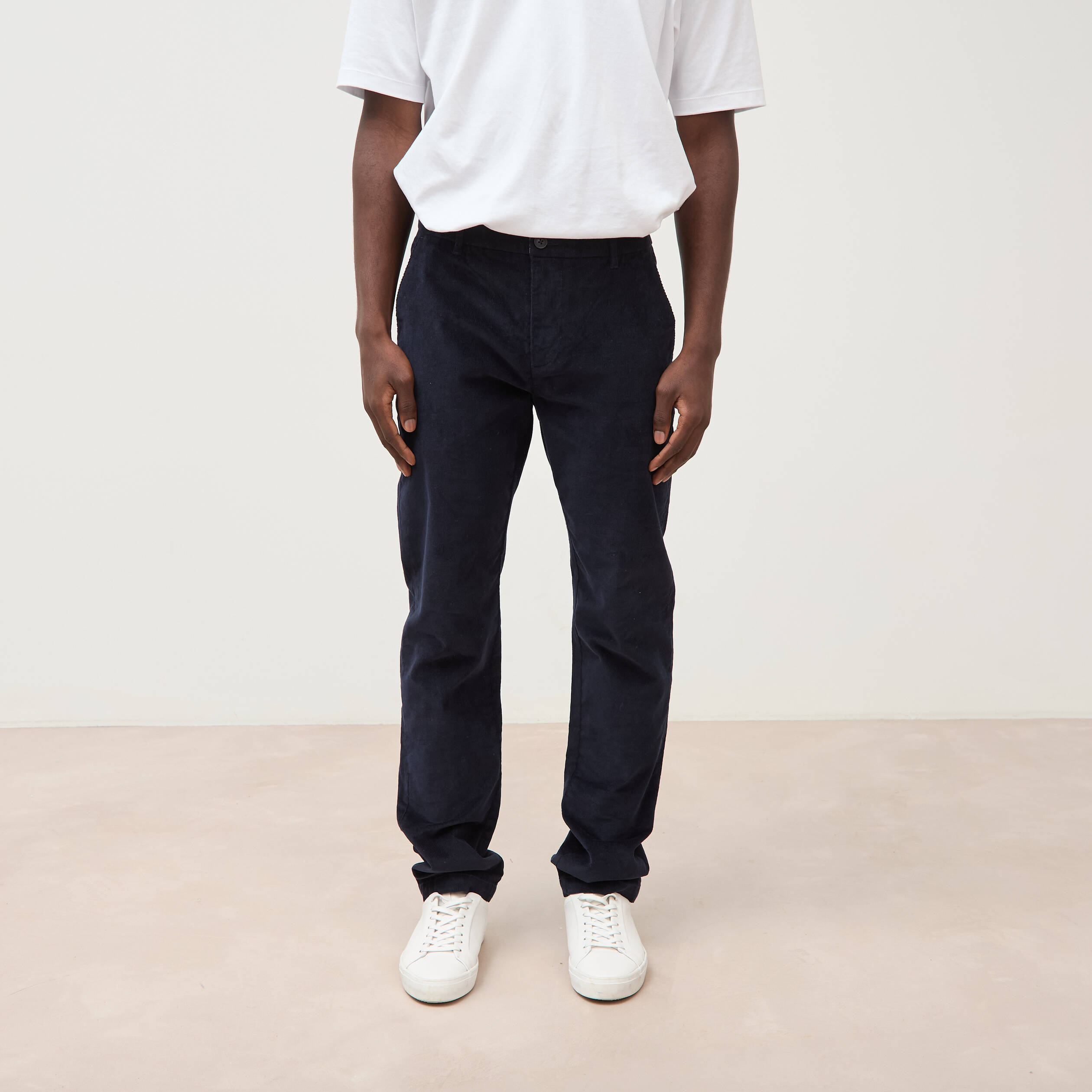 Pantalon straight velours longueur 32 bleu marine homme