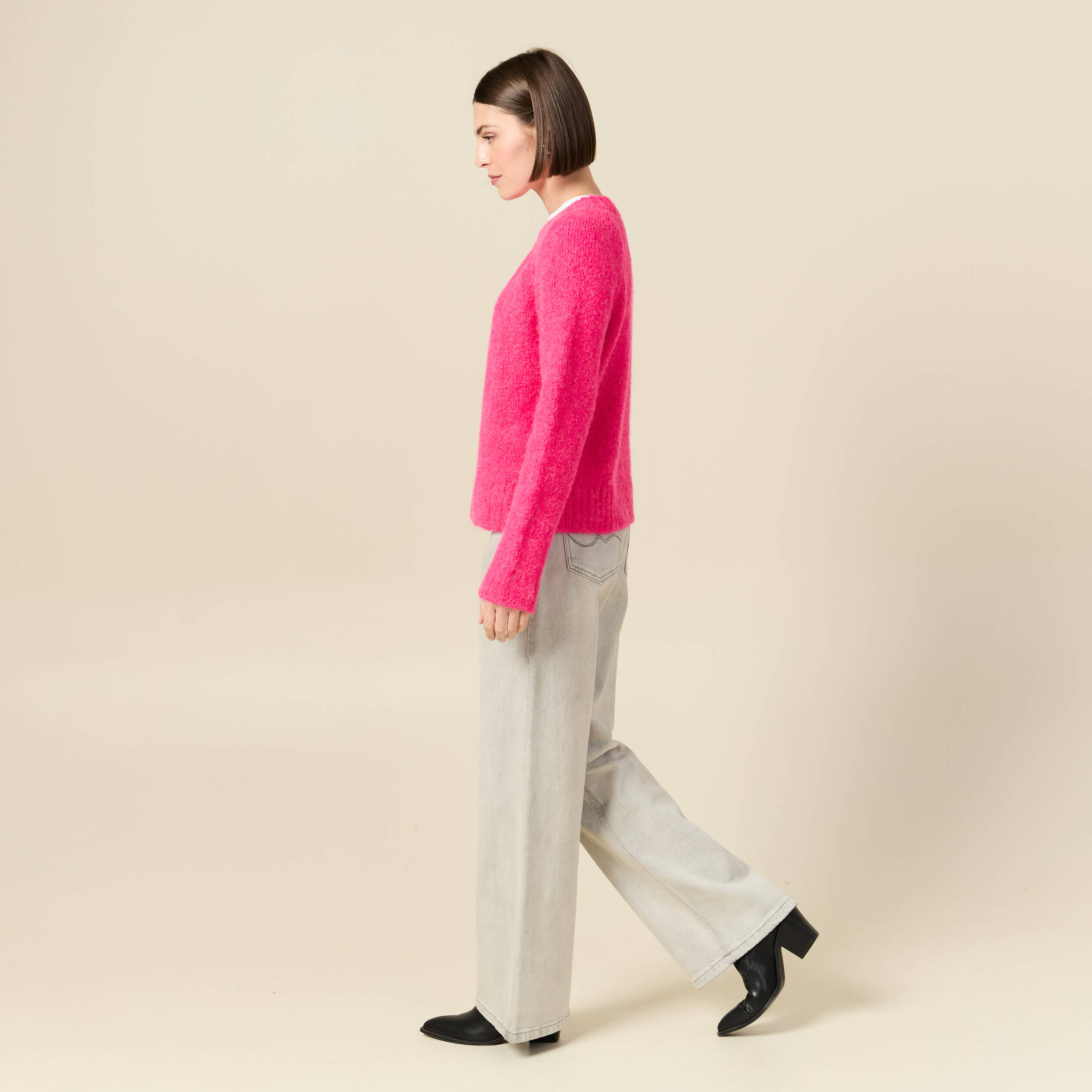Pull manches longues col rond rose femme