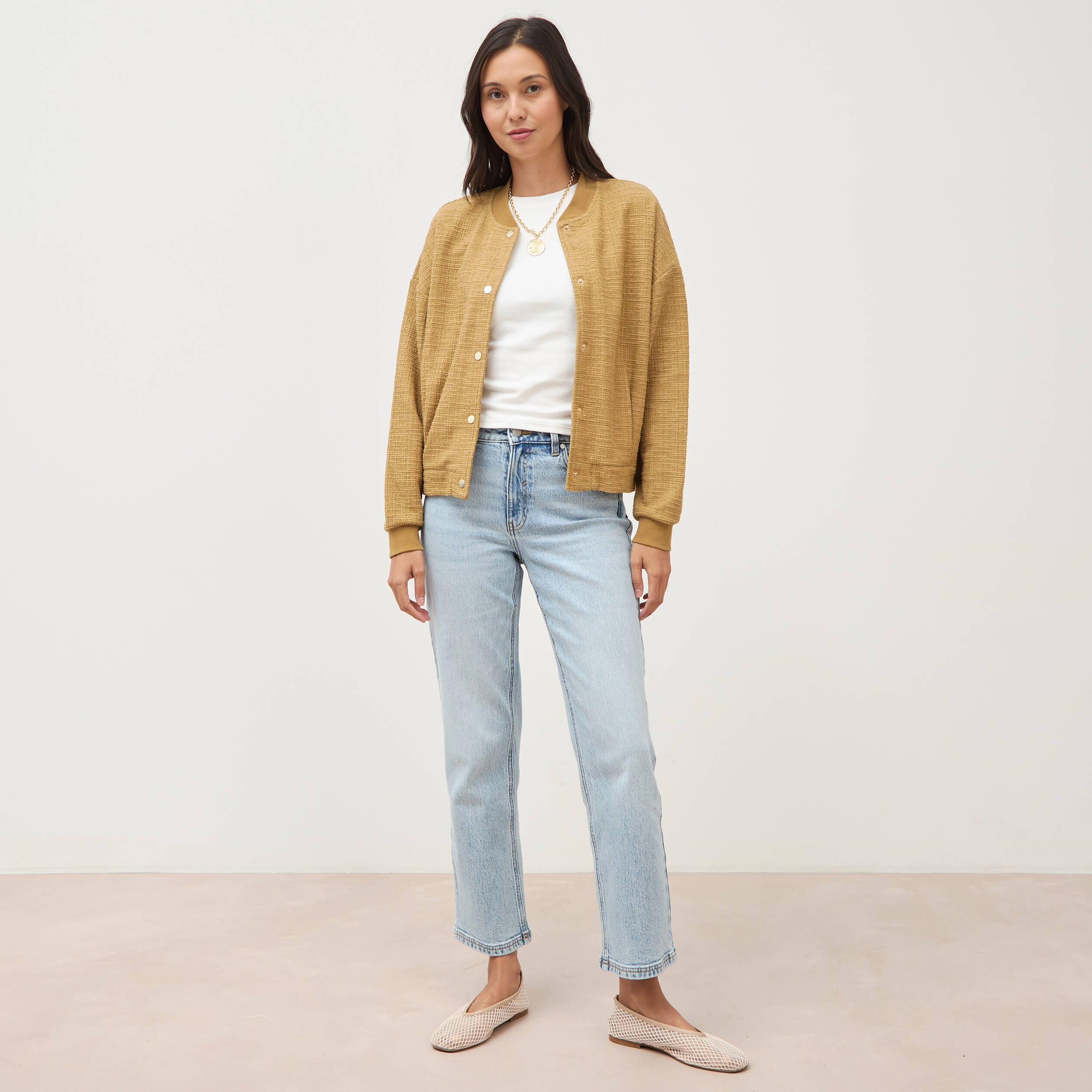 Veste droite manches longues tweed camel femme