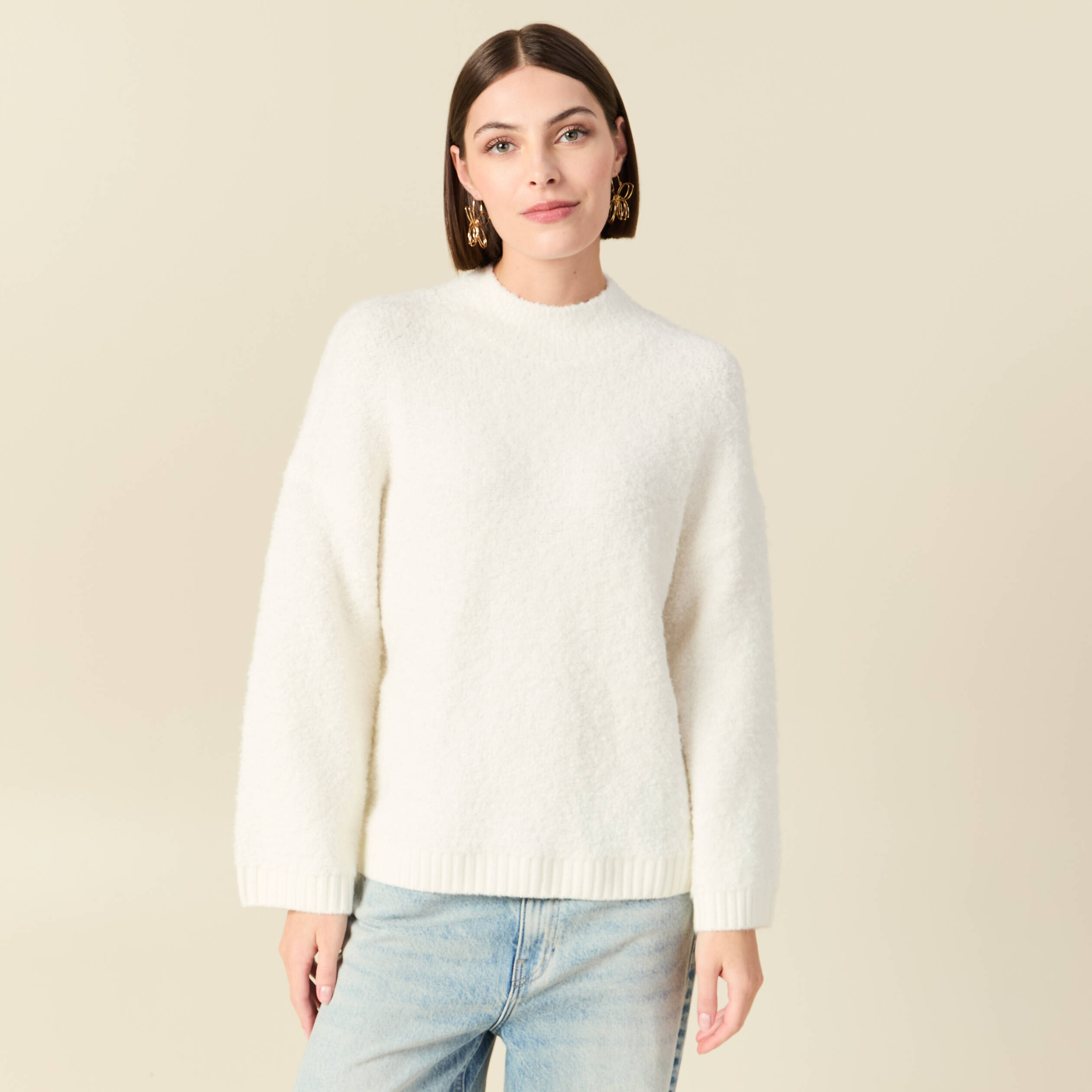 Pull manches longues col montant ivoire femme
