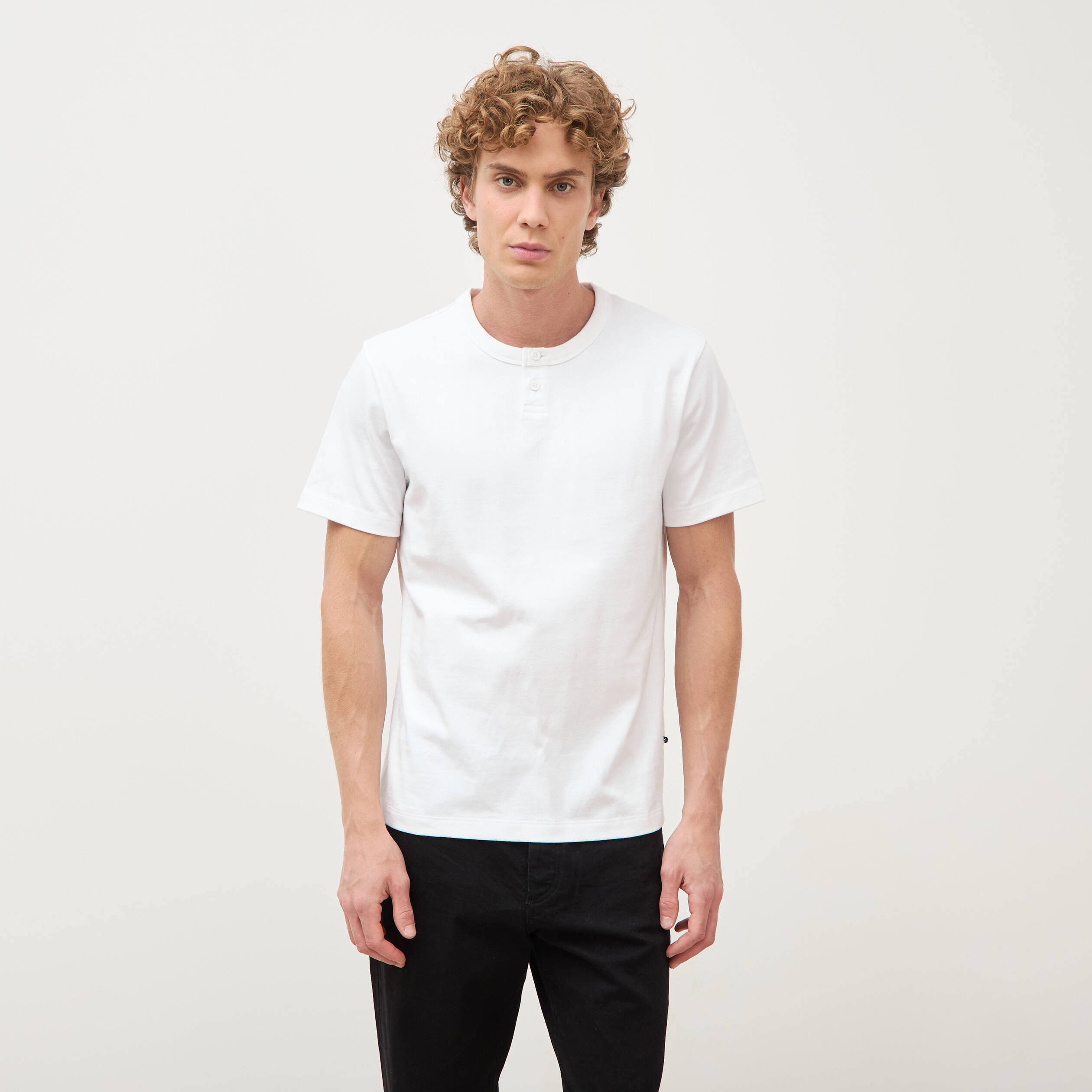 T-shirt col mao manches courtes en coton blanc homme