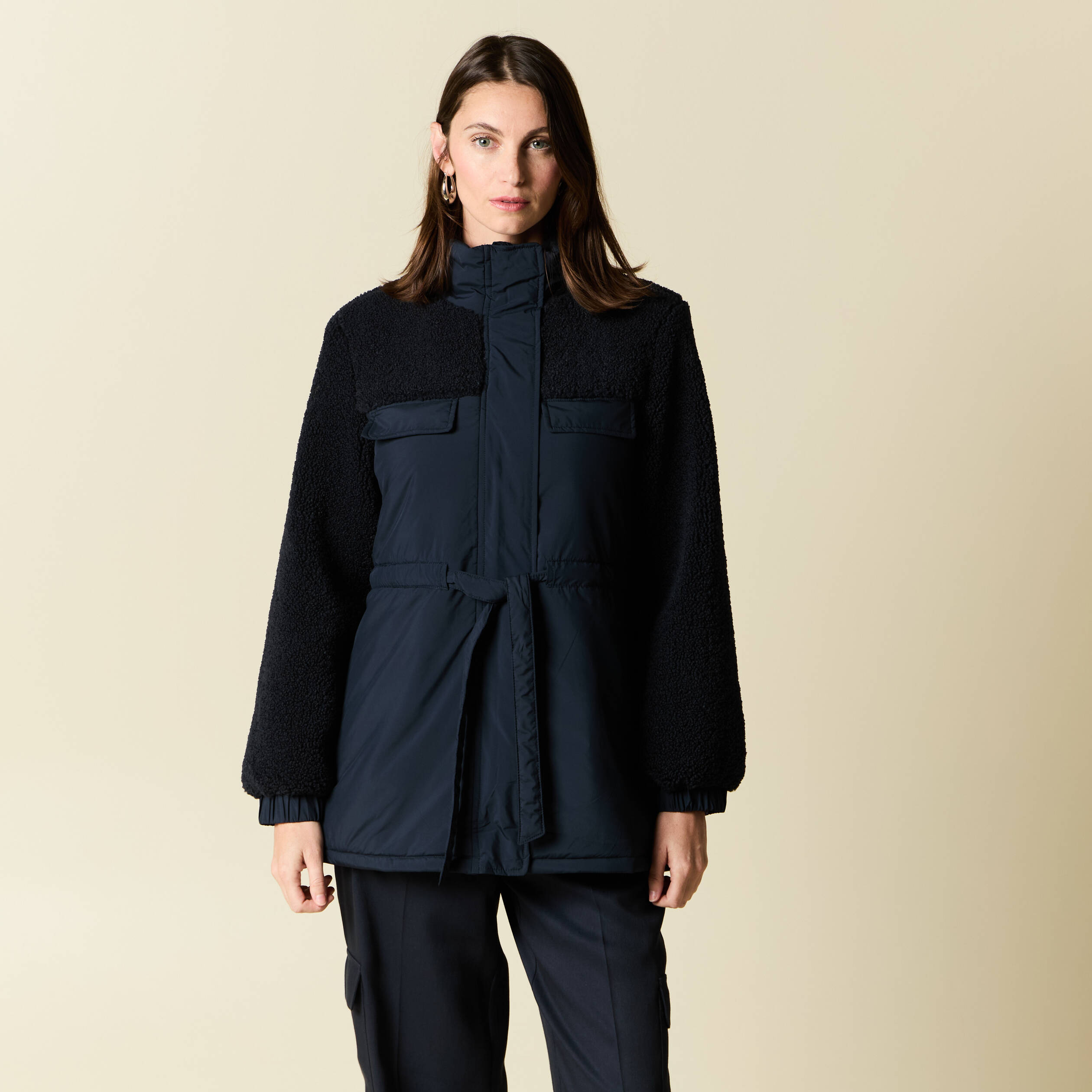 manteau manches sherpa bleu marine femme Manteau manches sherpa bleu marine femme