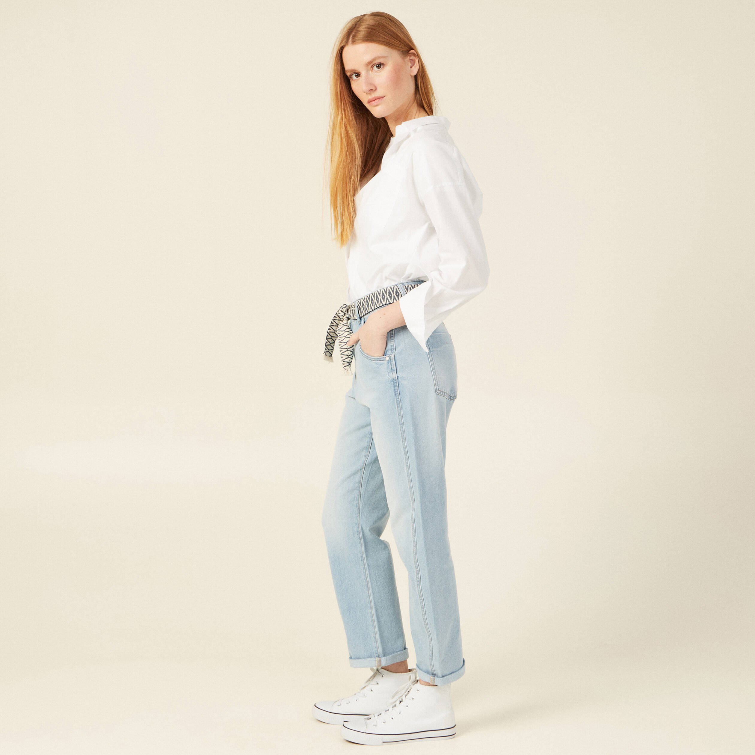 jeans boyfriend ceinture denim bleach femme Jeans boyfriend ceinturé denim bleach femme
