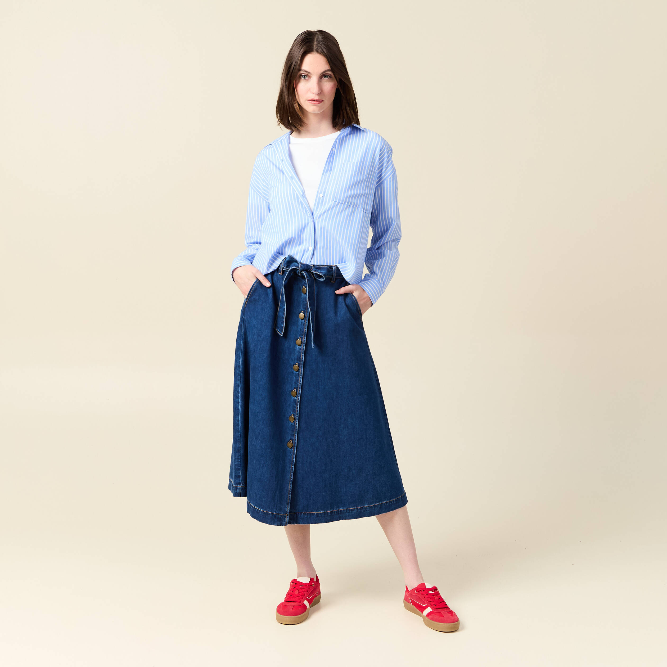 jupe longue trapeze en jean denim stone femme Jupe longue trapèze en jean denim stone femme