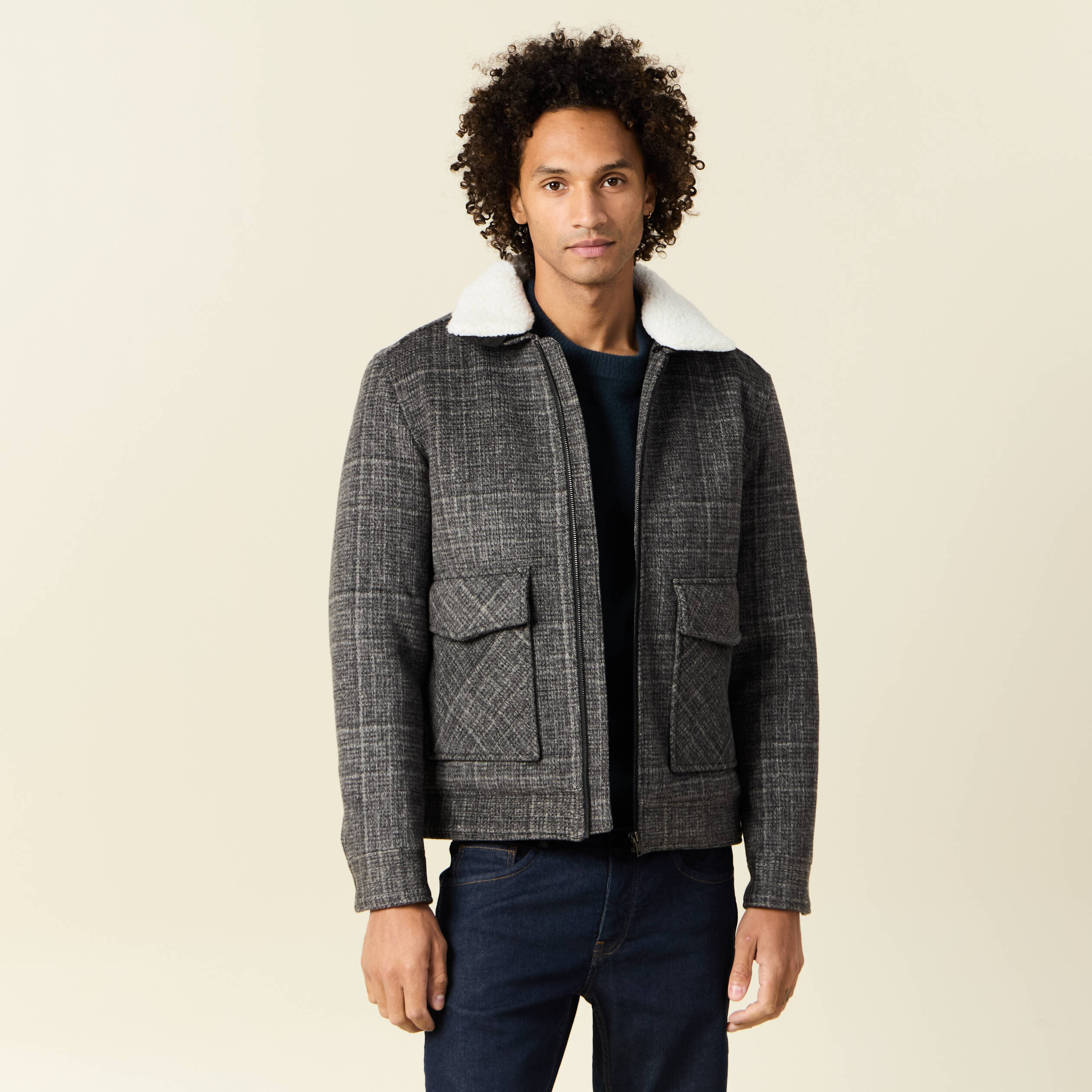 blouson zippe col aviateur gris fonce homme Blouson zippé col aviateur gris foncé homme