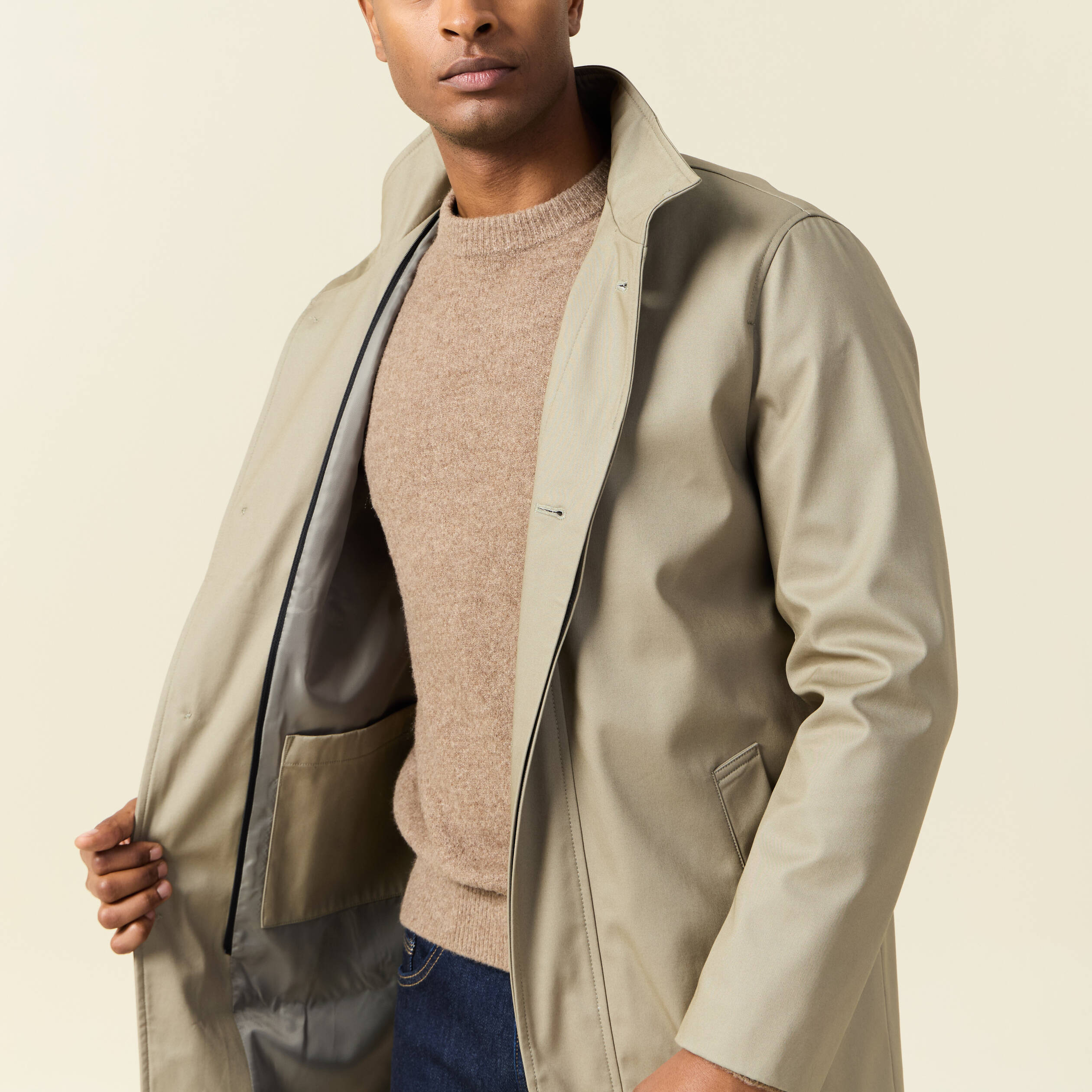 trench mi long col montant vert kaki homme Trench mi-long col montant vert kaki homme