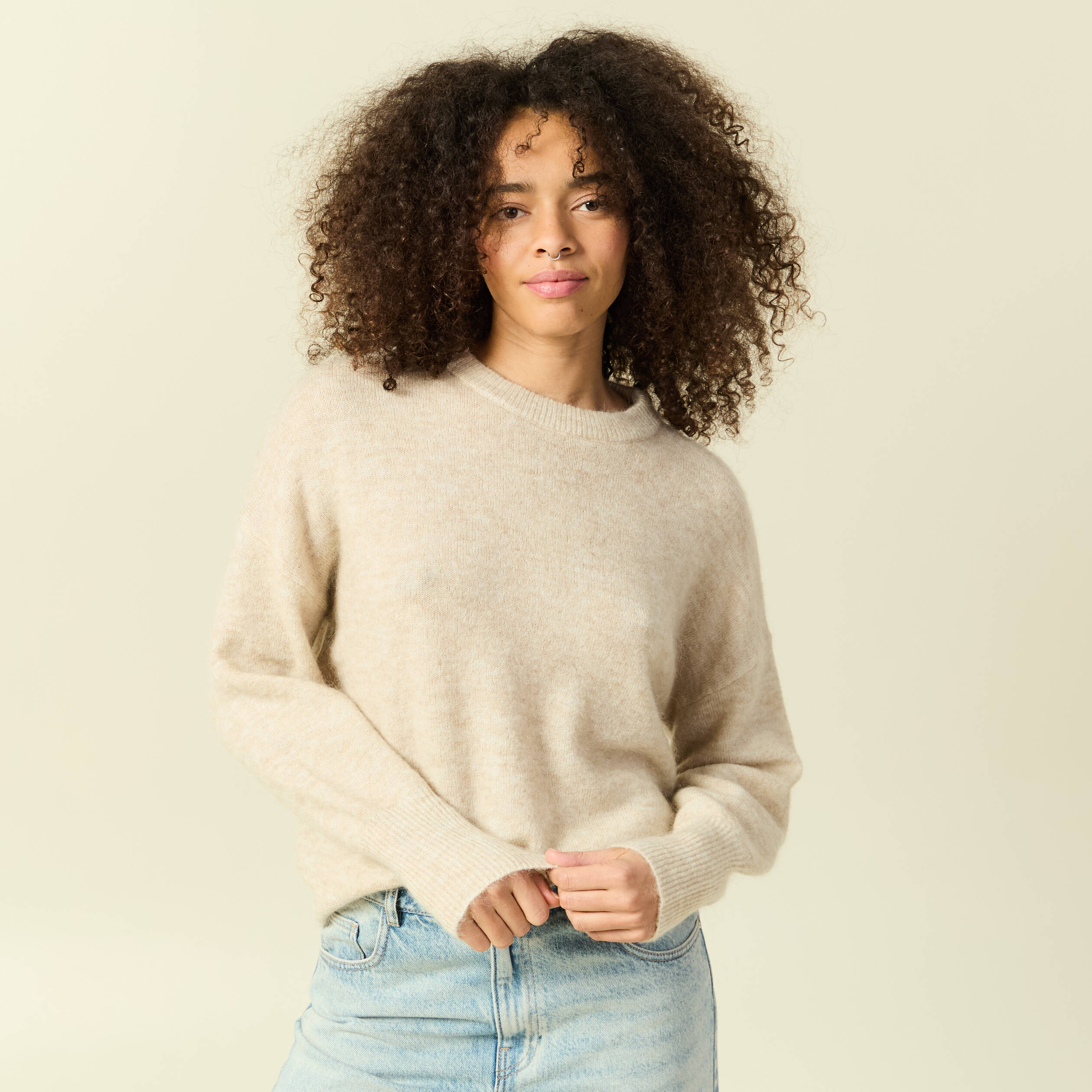 Pull col rond manches longues beige femme