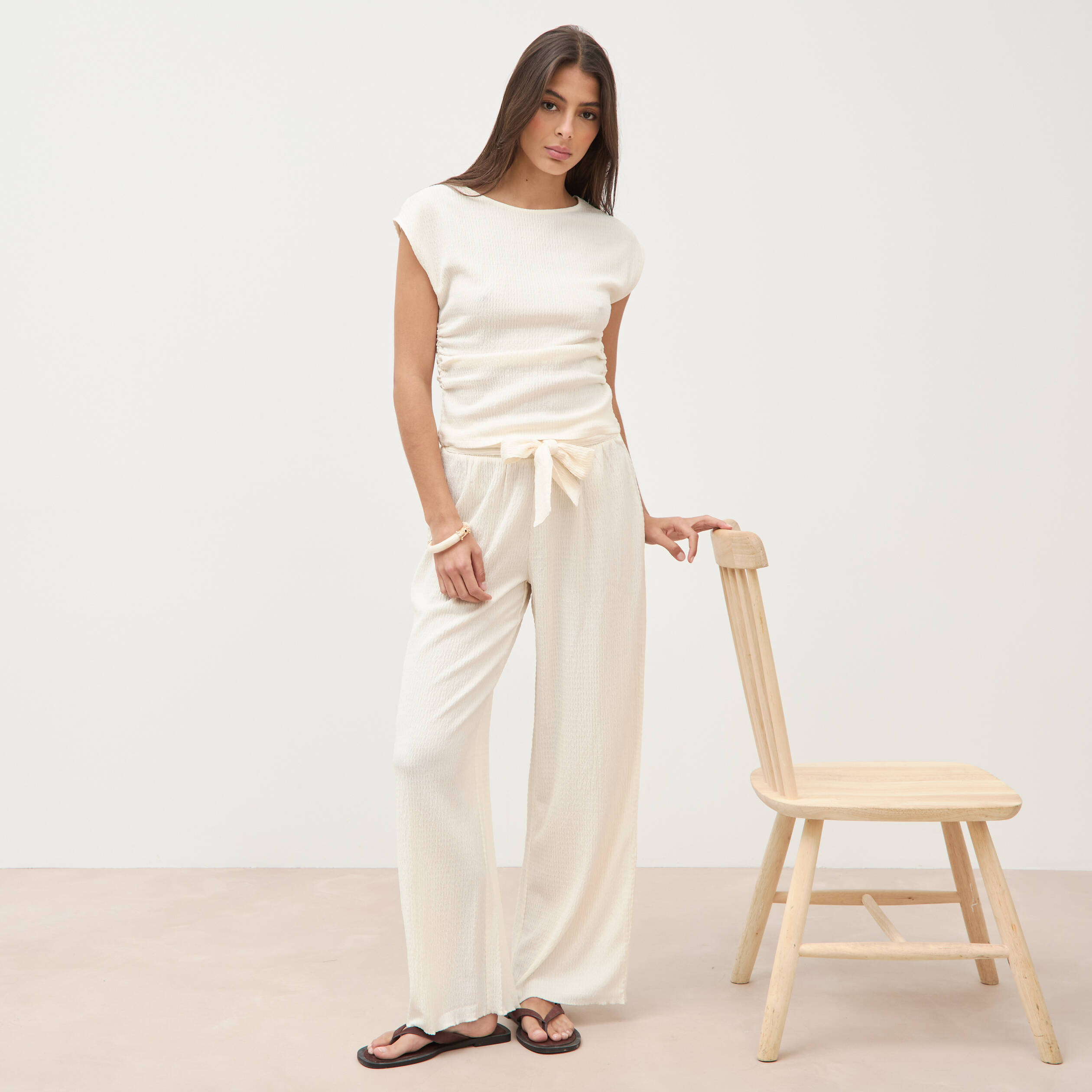 Pantalon loose avec ceinture creme femme