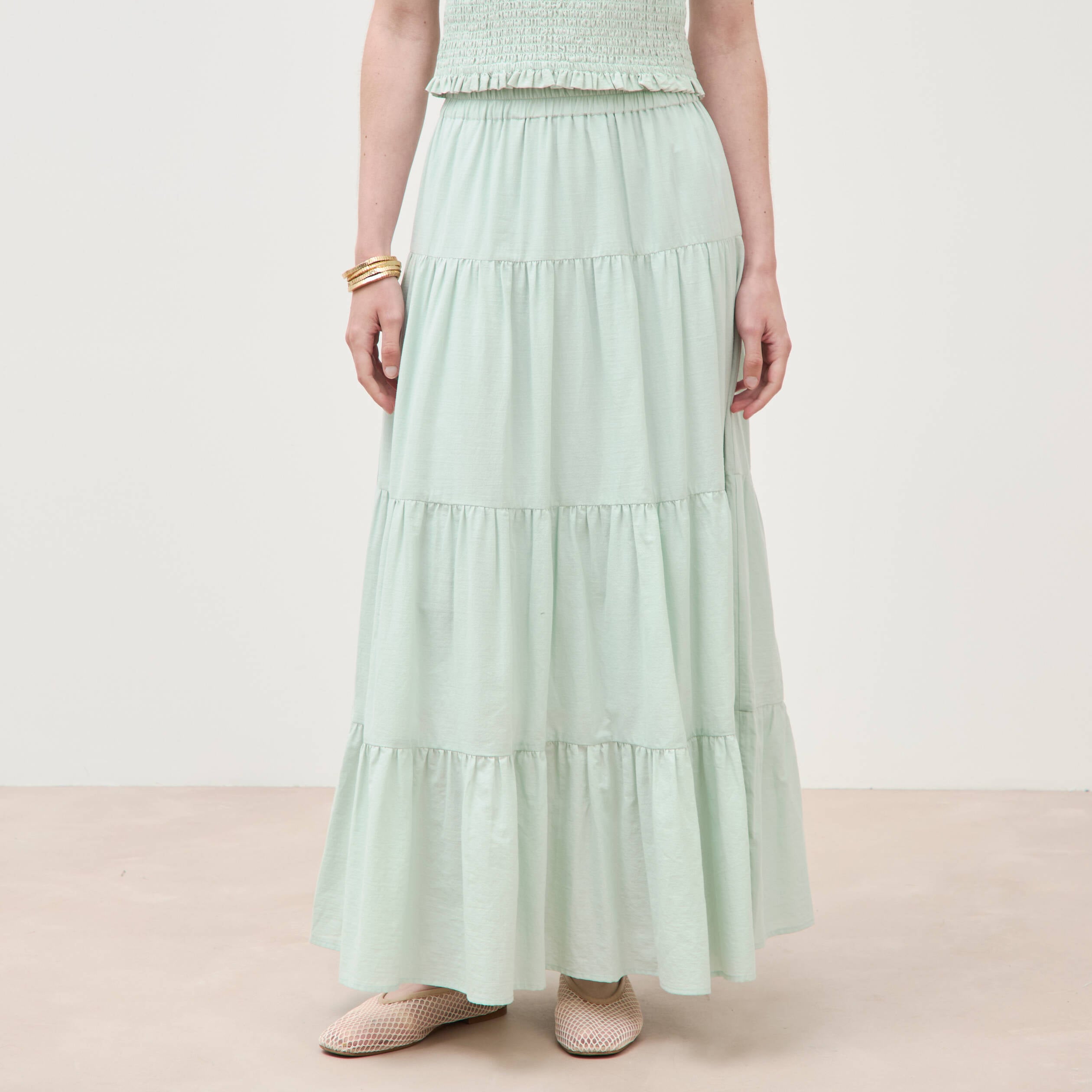Jupe longue &eacute;vas&eacute;e en coton doubl&eacute;e vert pastel femme