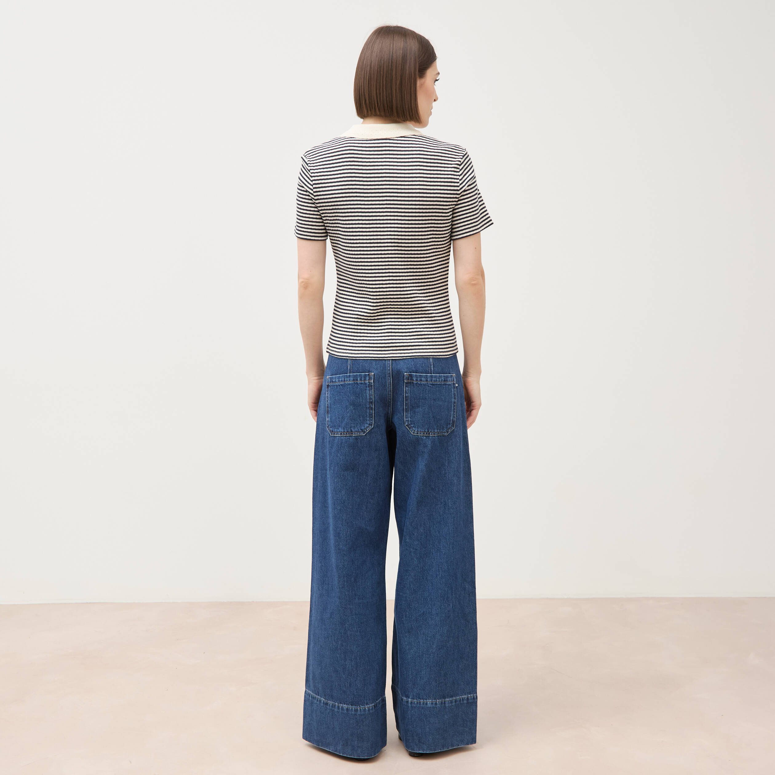 Polo ray&eacute; en coton manches courtes ecru femme