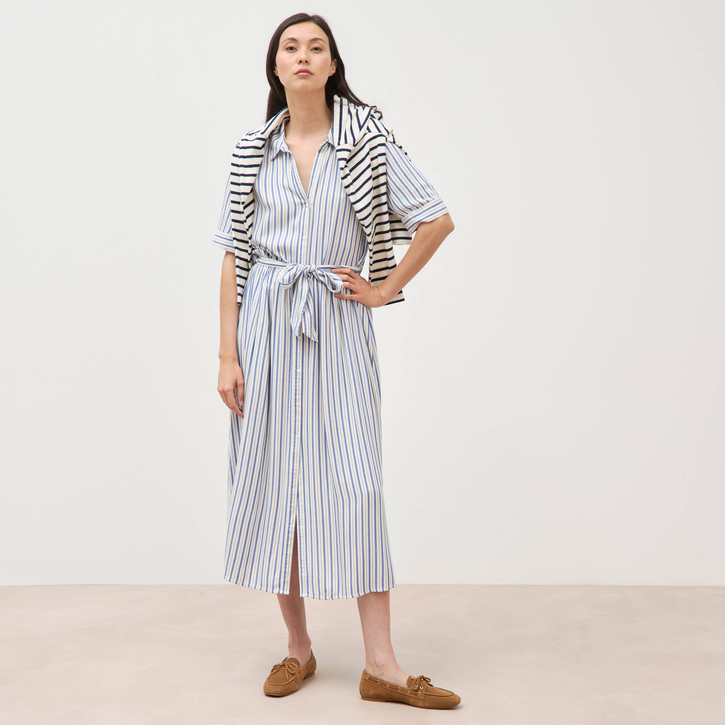 Robe manches courtes col am&eacute;ricain ecru femme