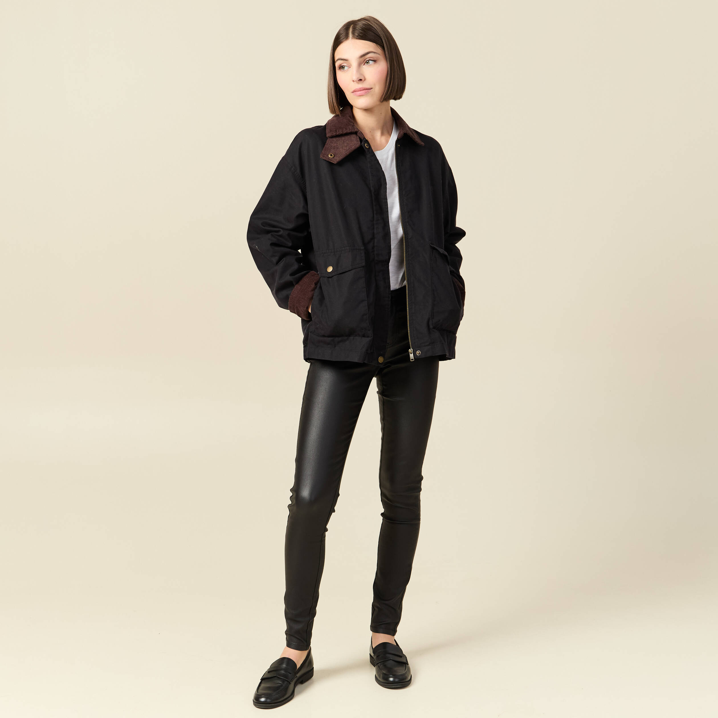 Tregging skinny denim noir enduit femme
