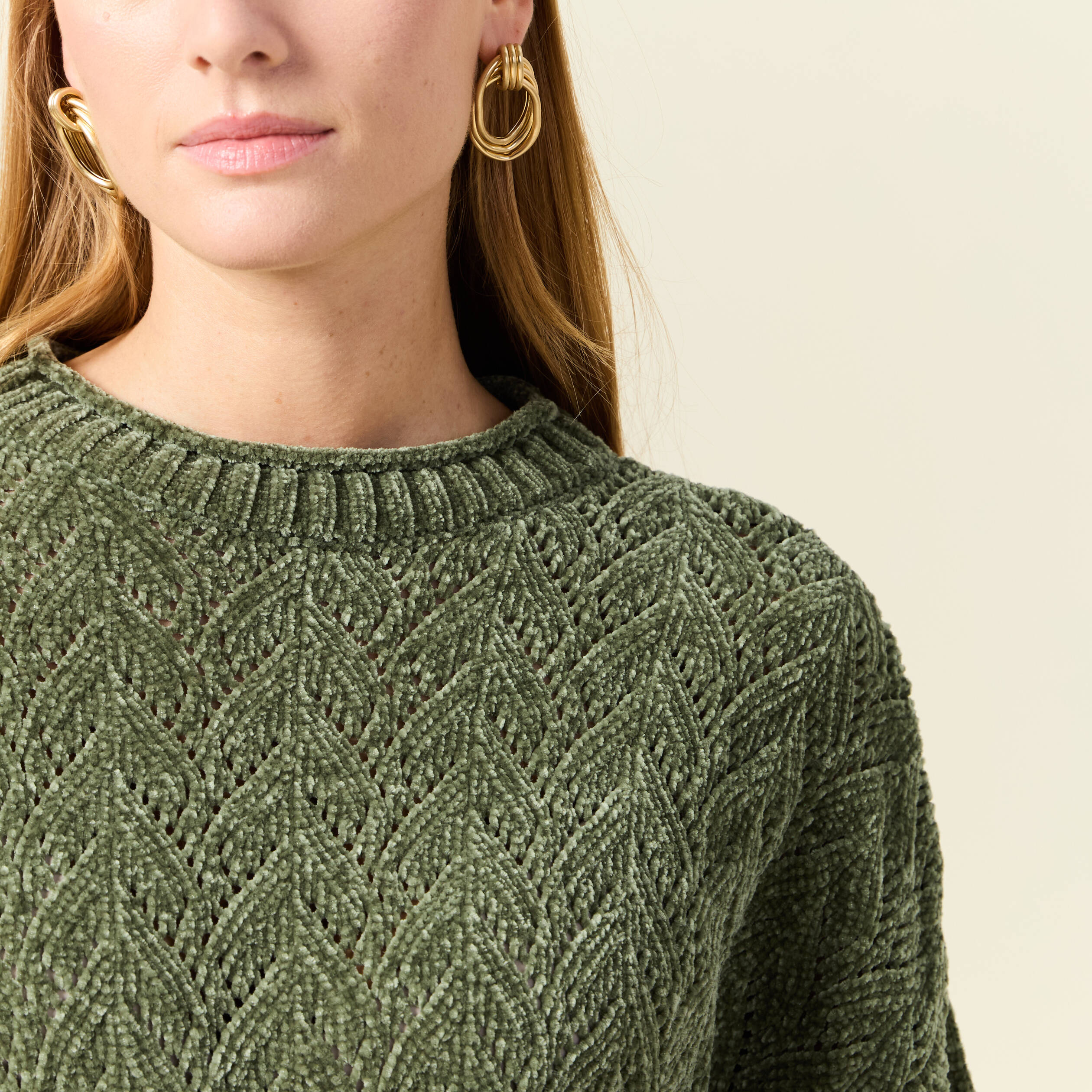 Pull manches longues ajouré vert kaki femme