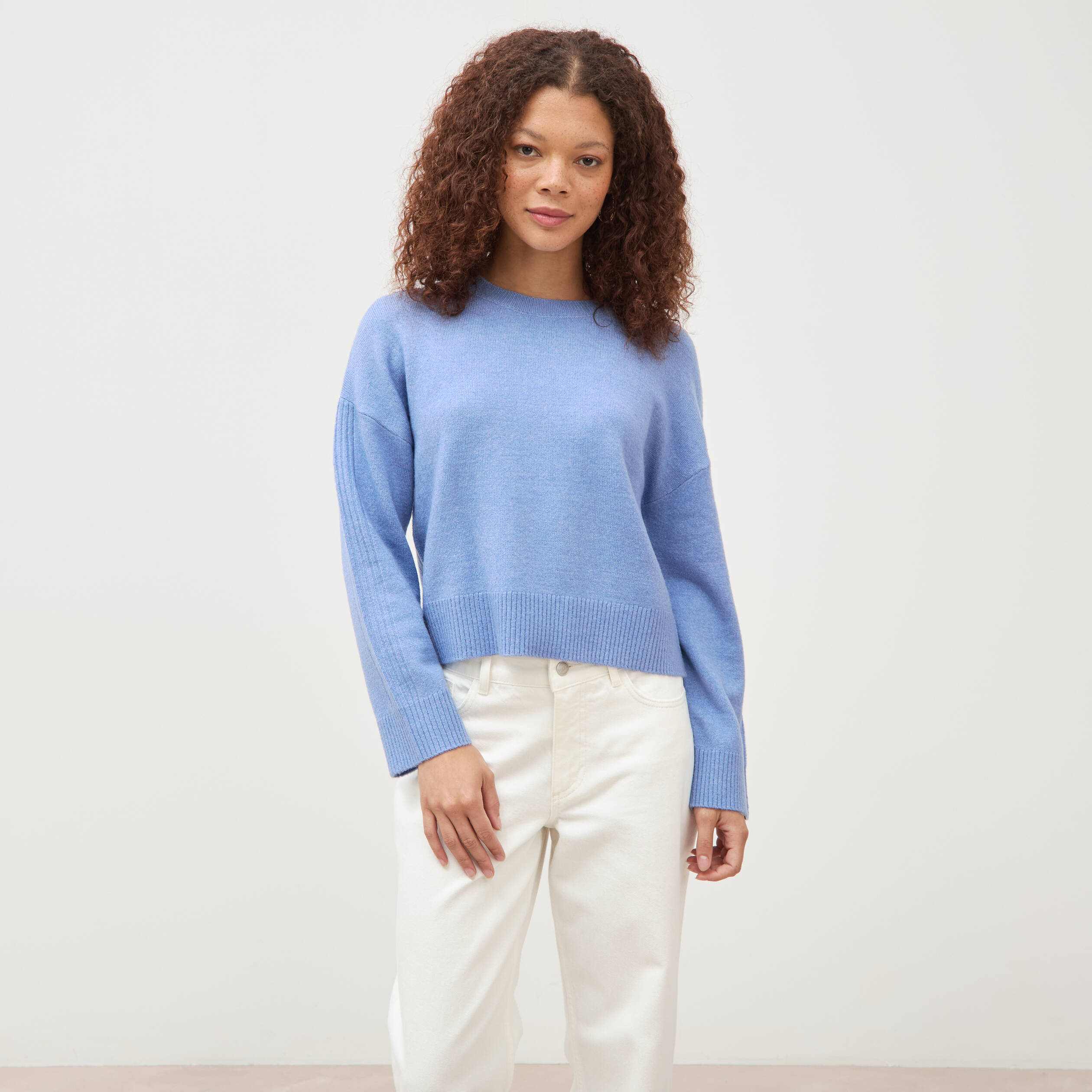 Pull col rond manches longues bleu clair femme