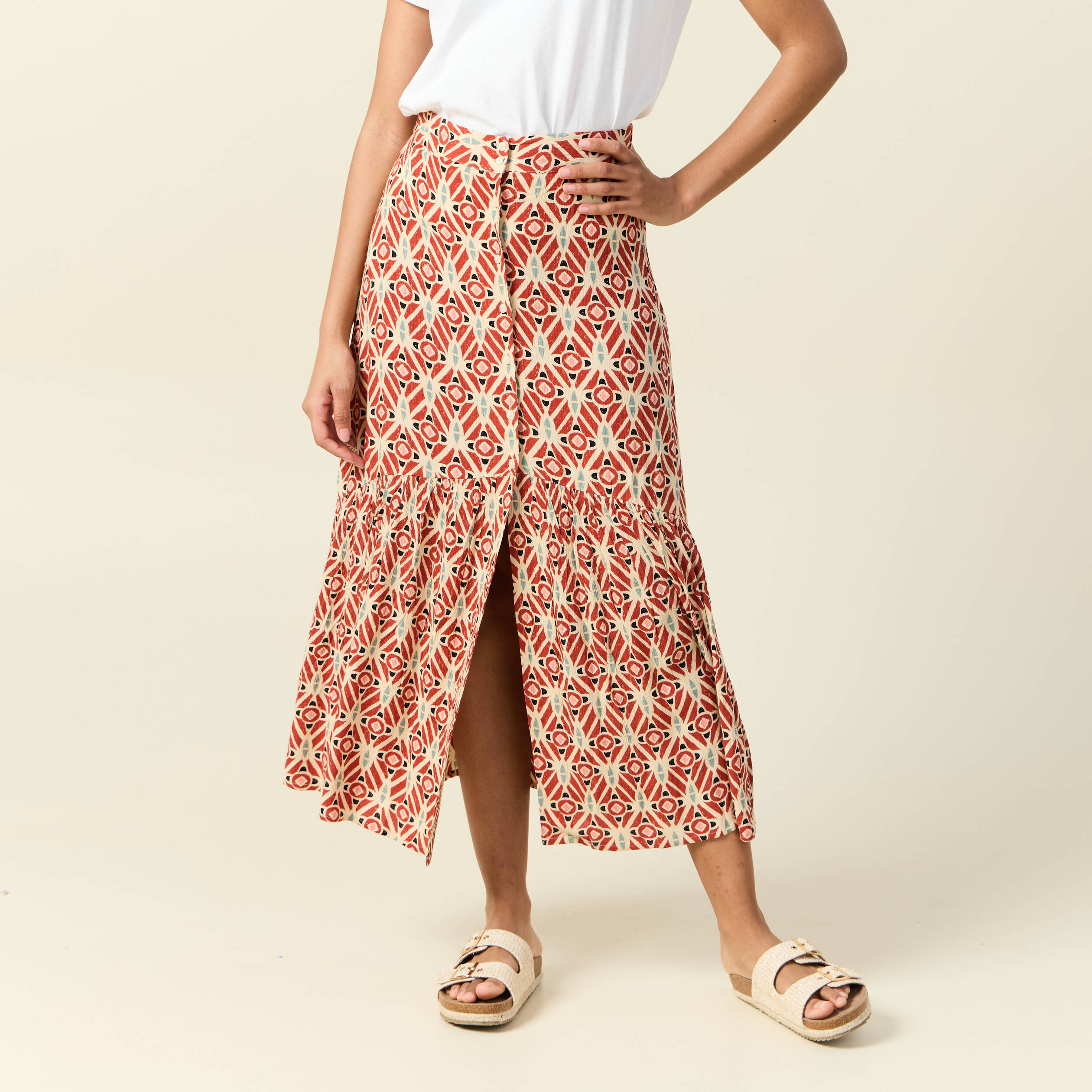 jupe longue evasee terracotta femme Jupe longue évasée terracotta femme
