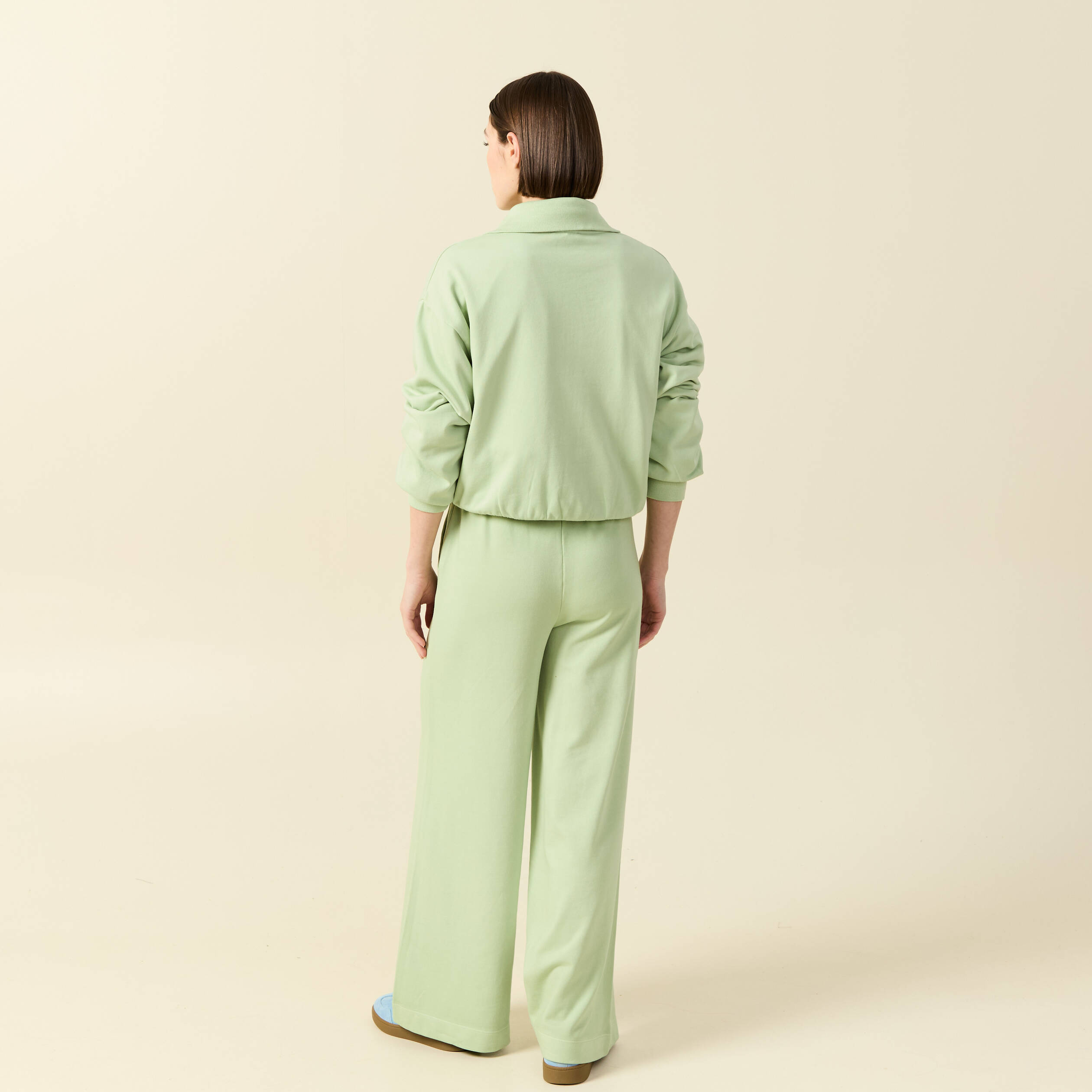 Pantalon large taille haute fluide vert clair femme
