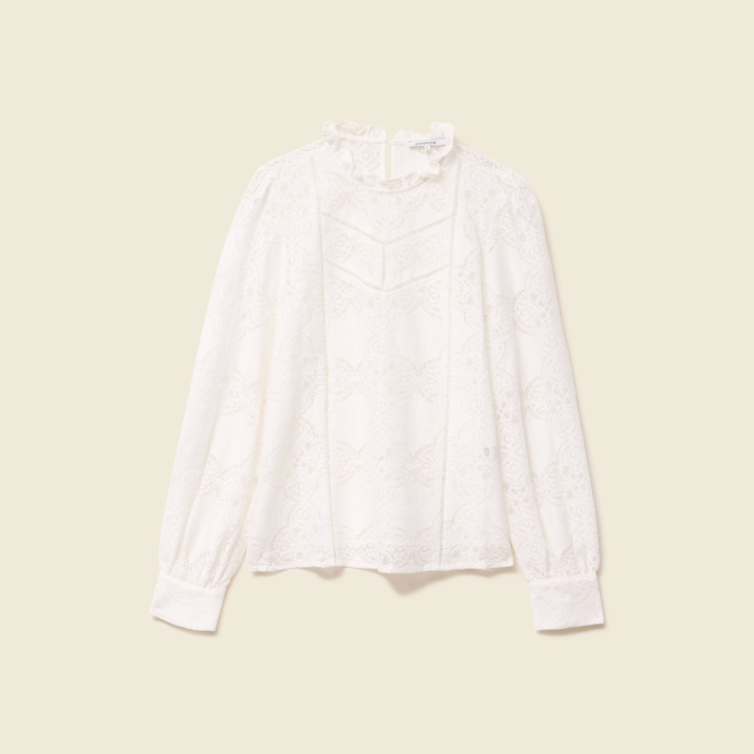 Blouse cintr&eacute;e dentelle manches longues ecru femme