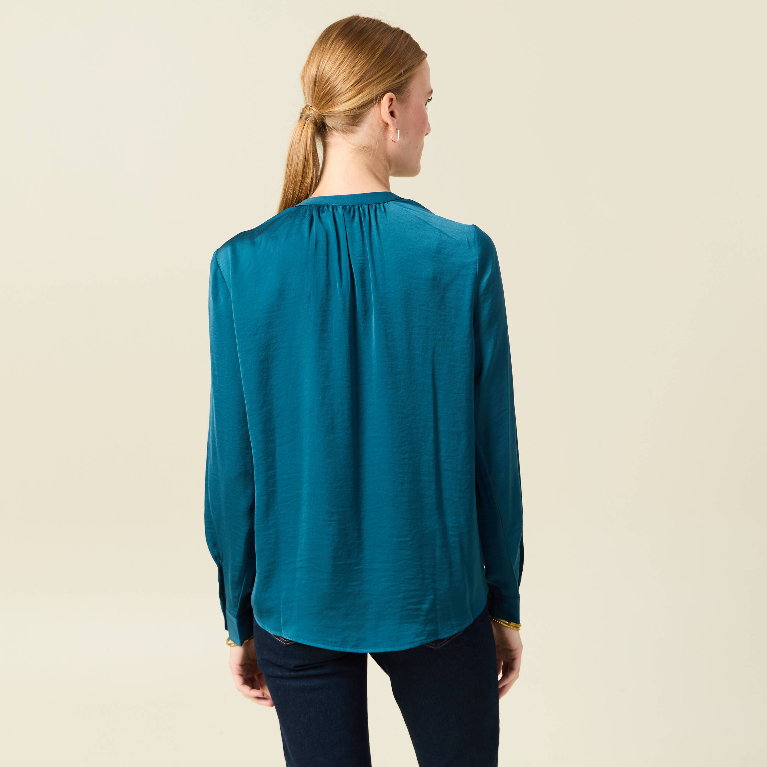 Blouse manches longues satin bleu gris femme