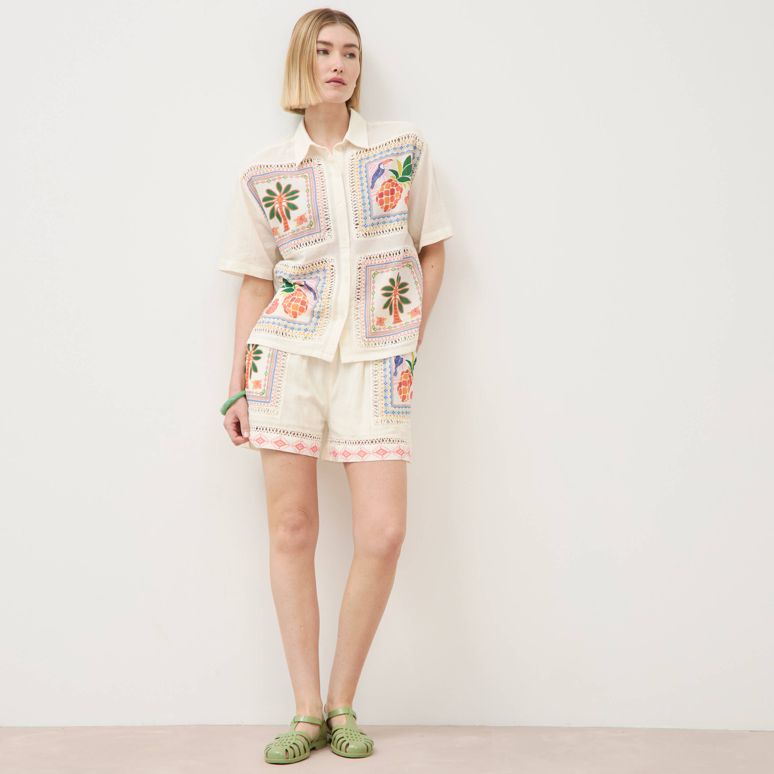 Short en coton avec doublure ecru femme