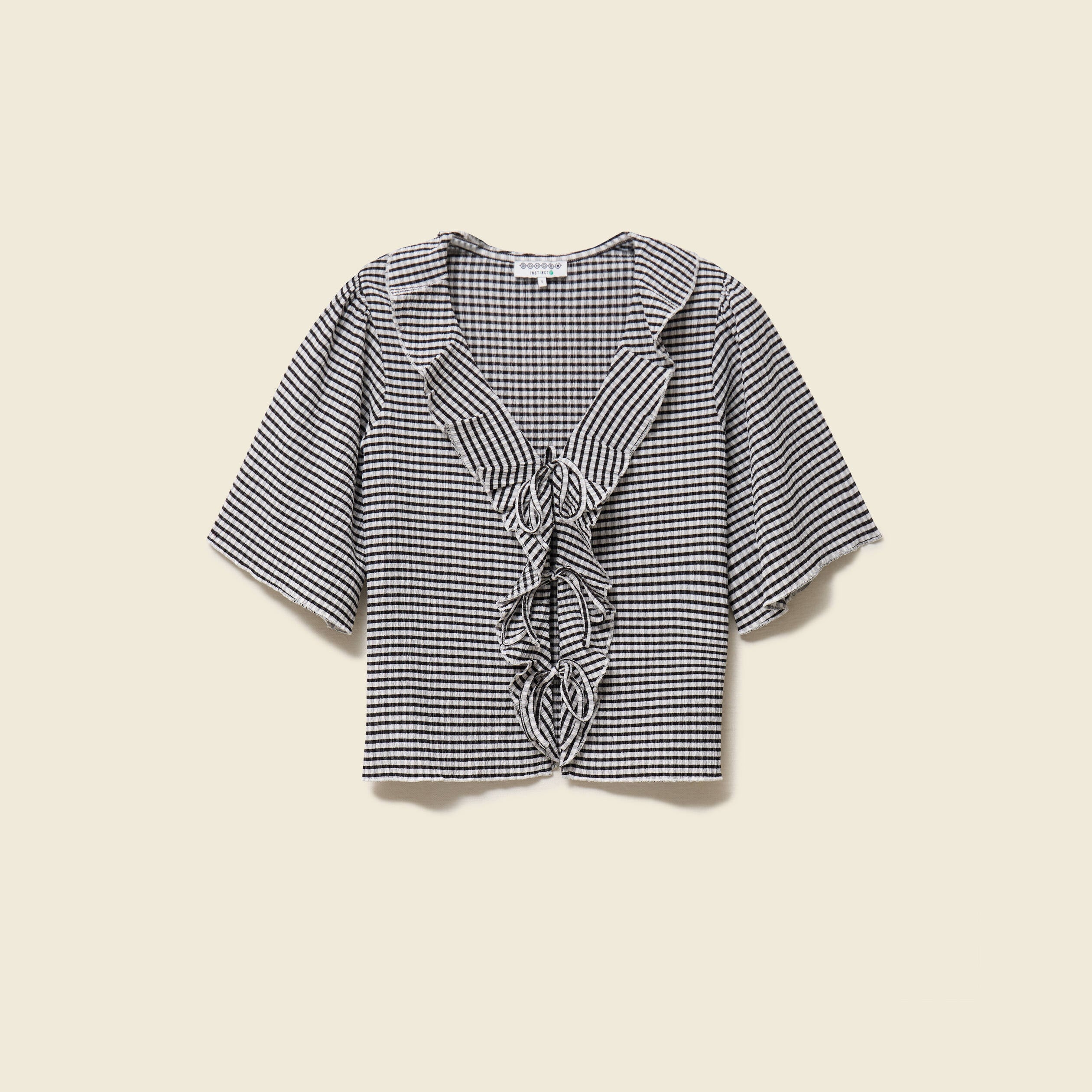 T-shirt col V &agrave; volants manches courtes ecru femme