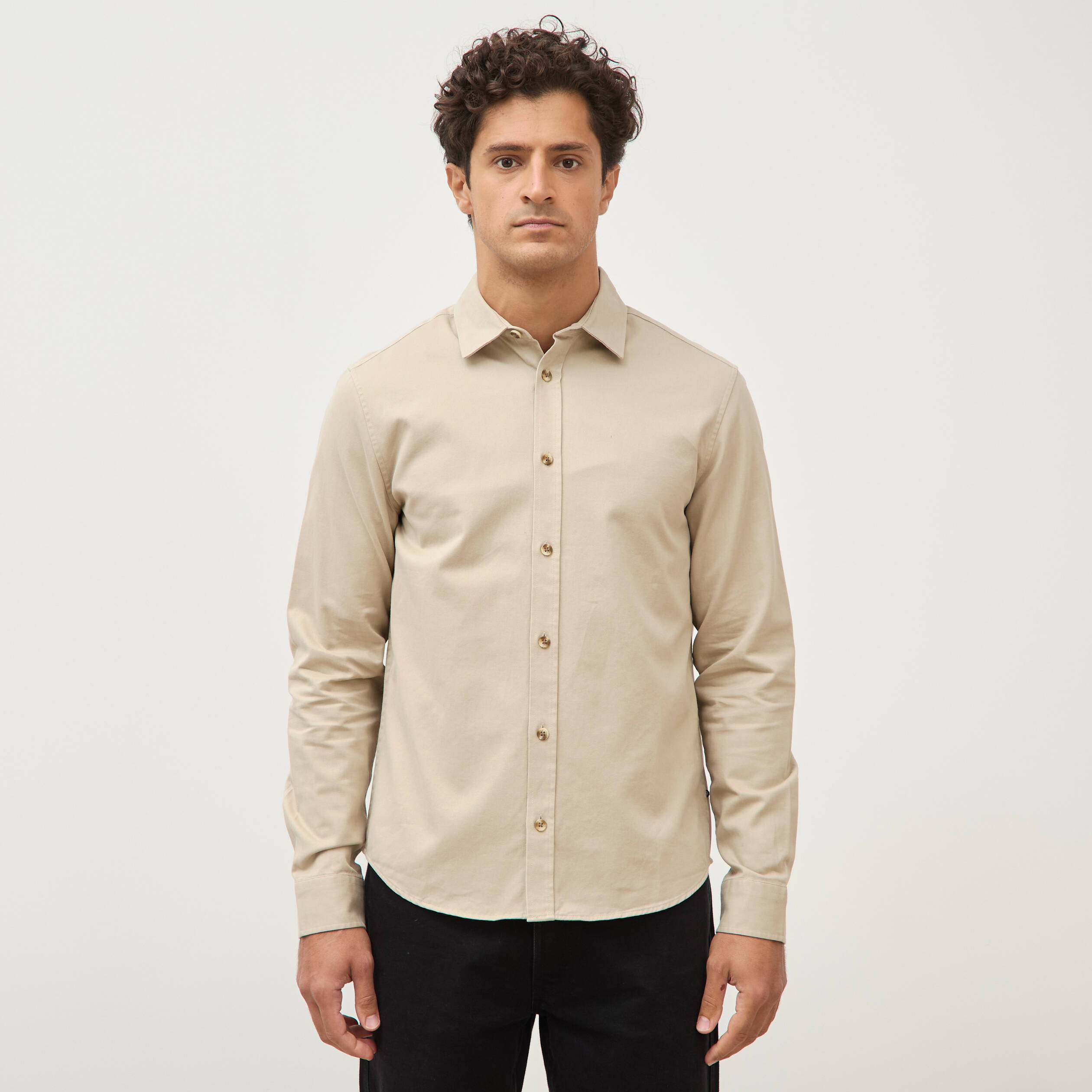 Chemise droite en coton manches longues beige homme