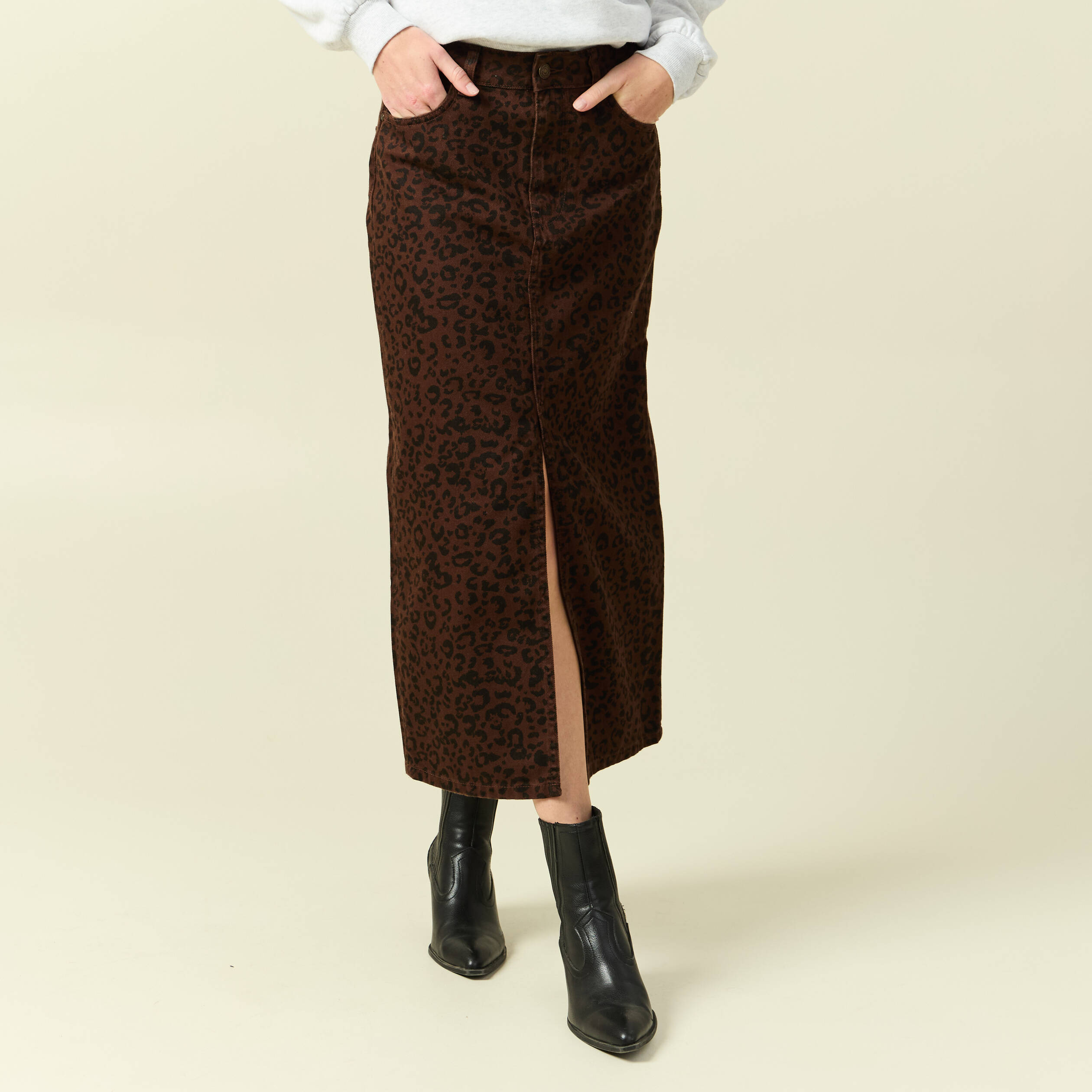 Jupe droite longue en coton marron cognac femme