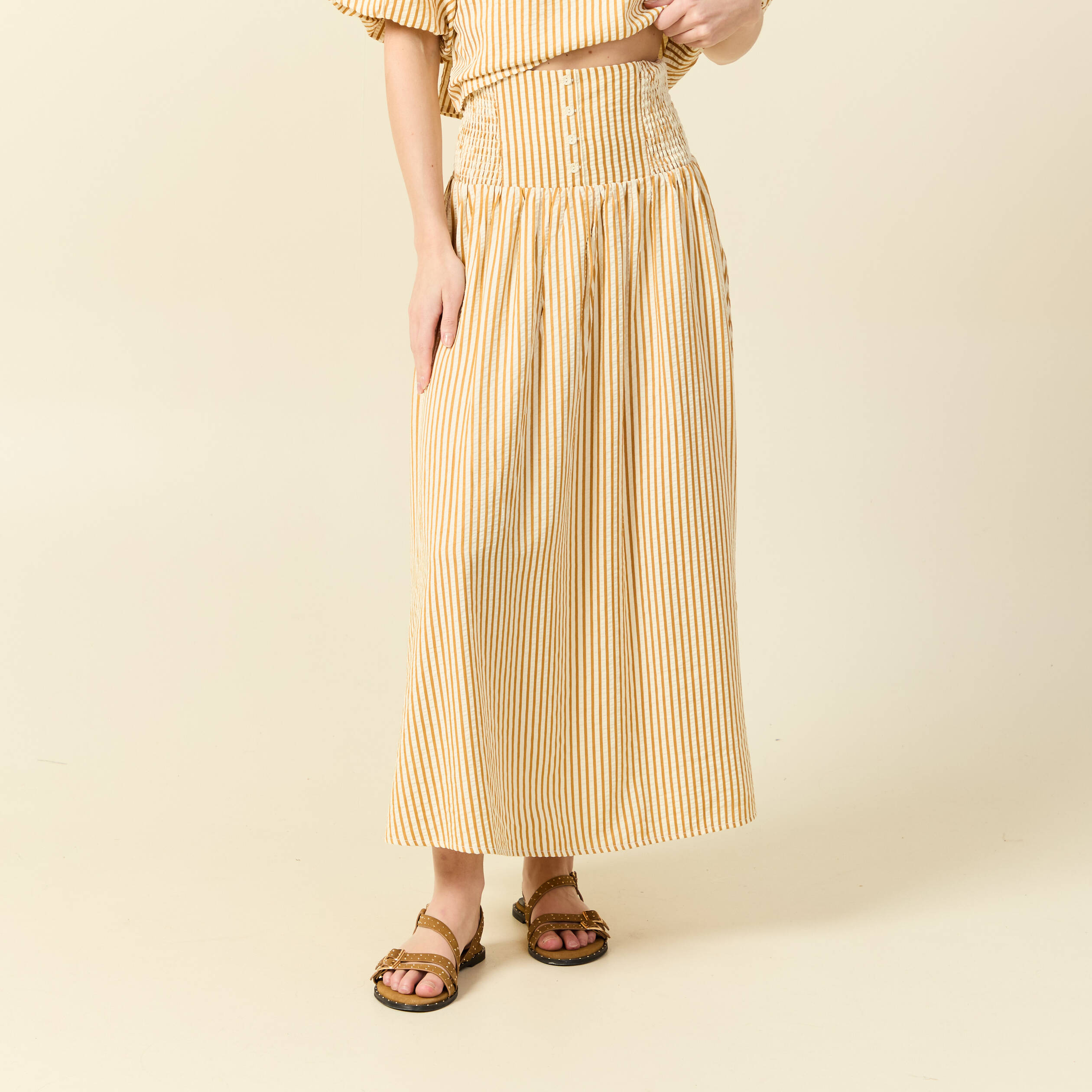 Jupe longue &eacute;vas&eacute;e taille haute beige moyen femme