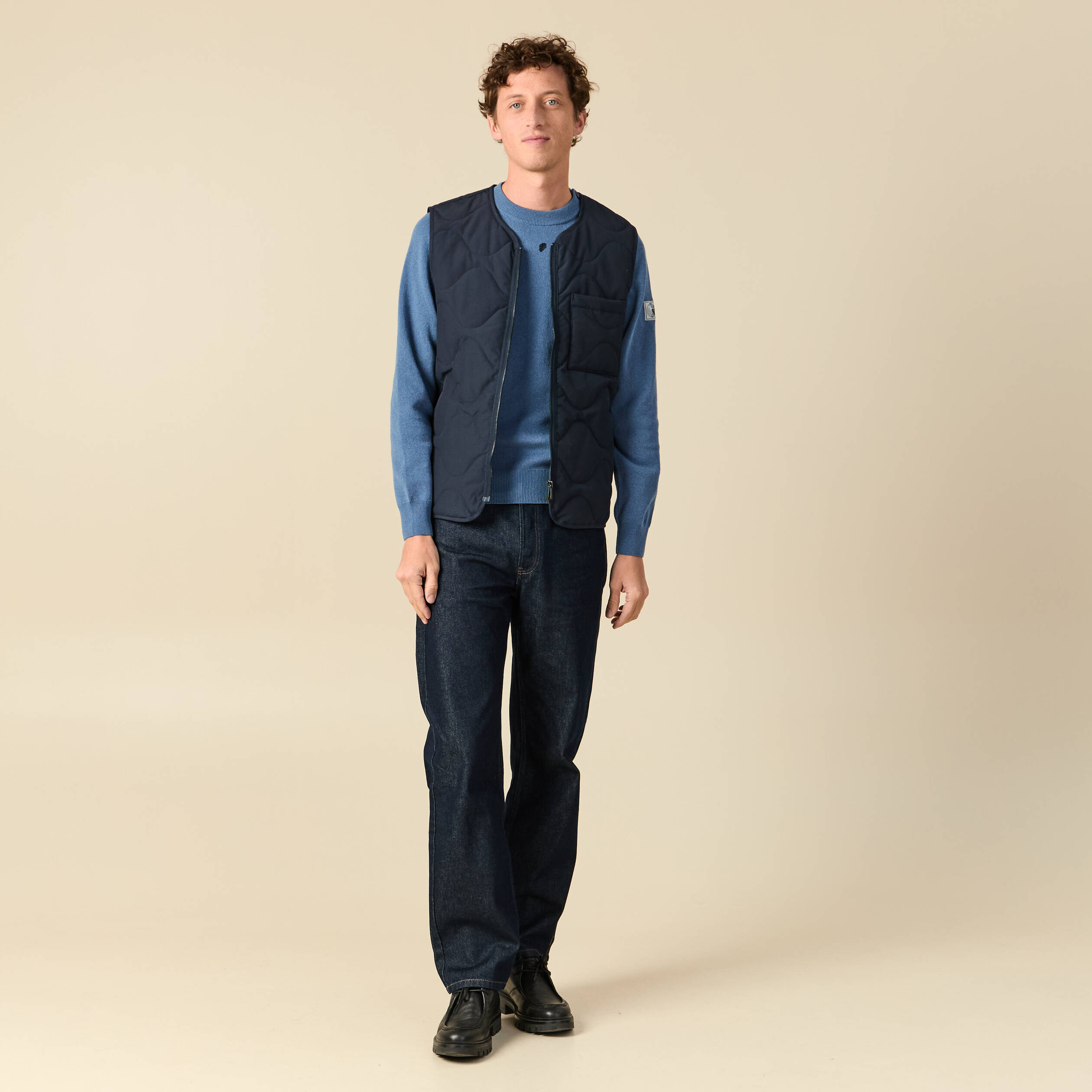 Pull fin col rond manches longues bleu fonc&eacute; homme