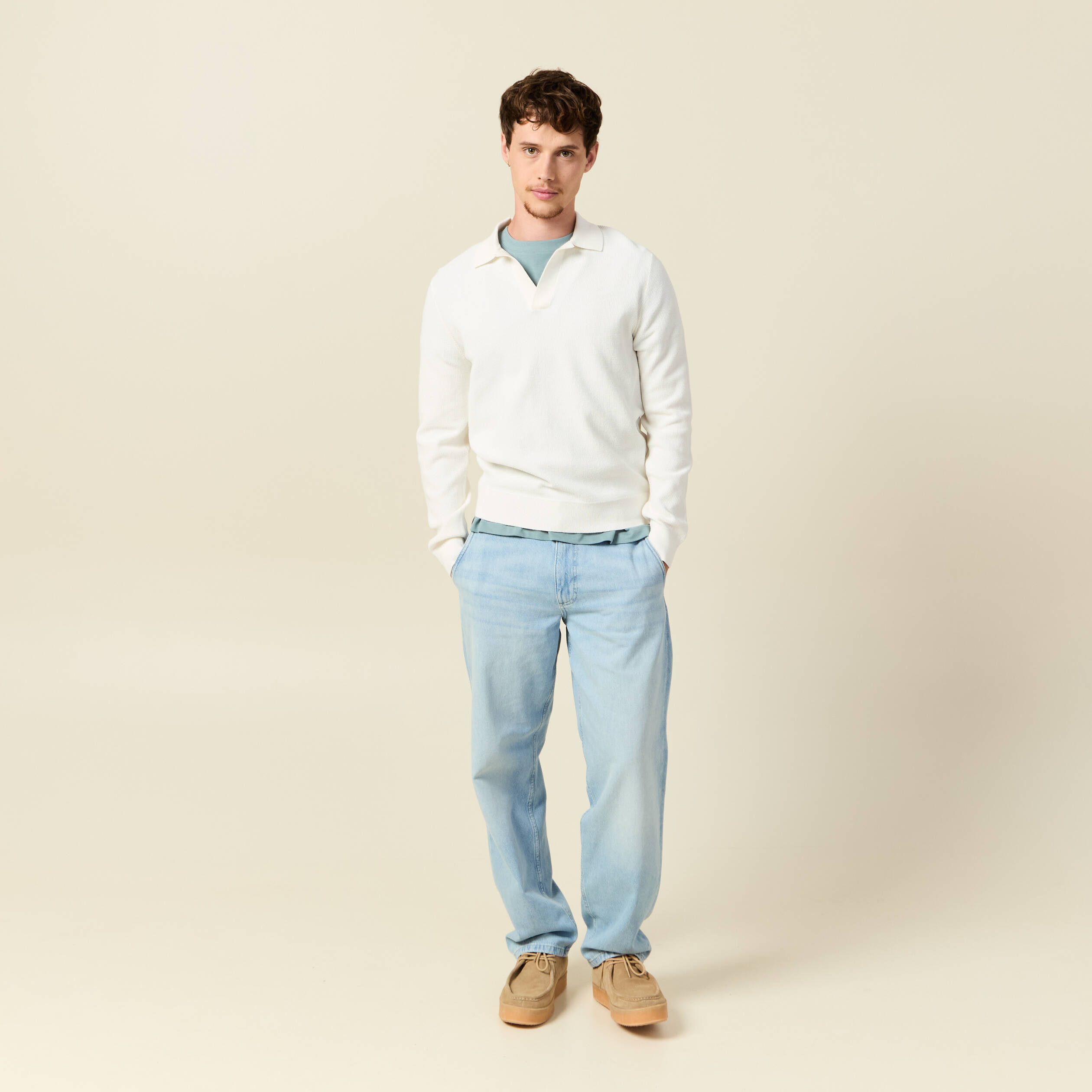 Pull droit col polo manches longues ecru homme