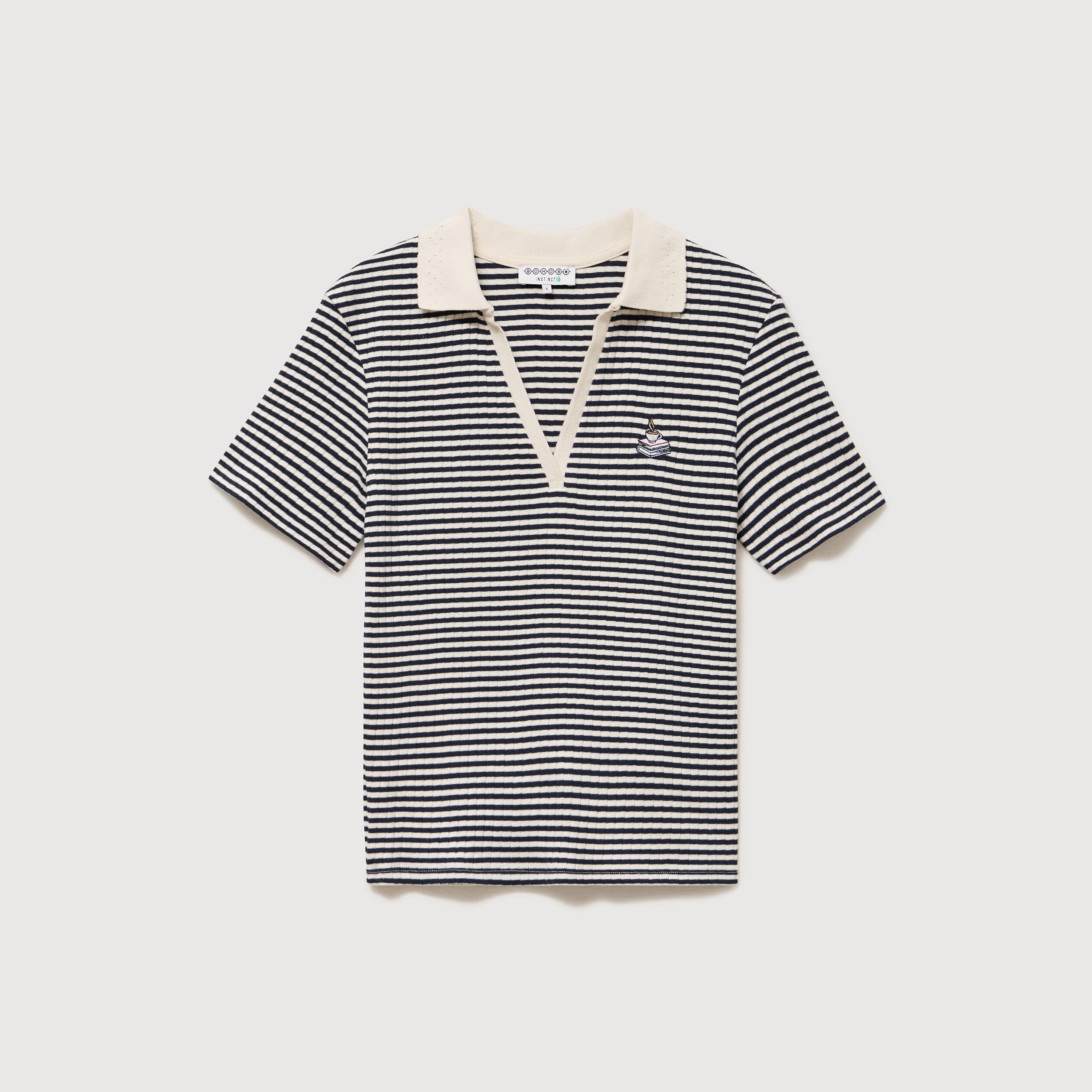 Polo ray&eacute; en coton manches courtes ecru femme