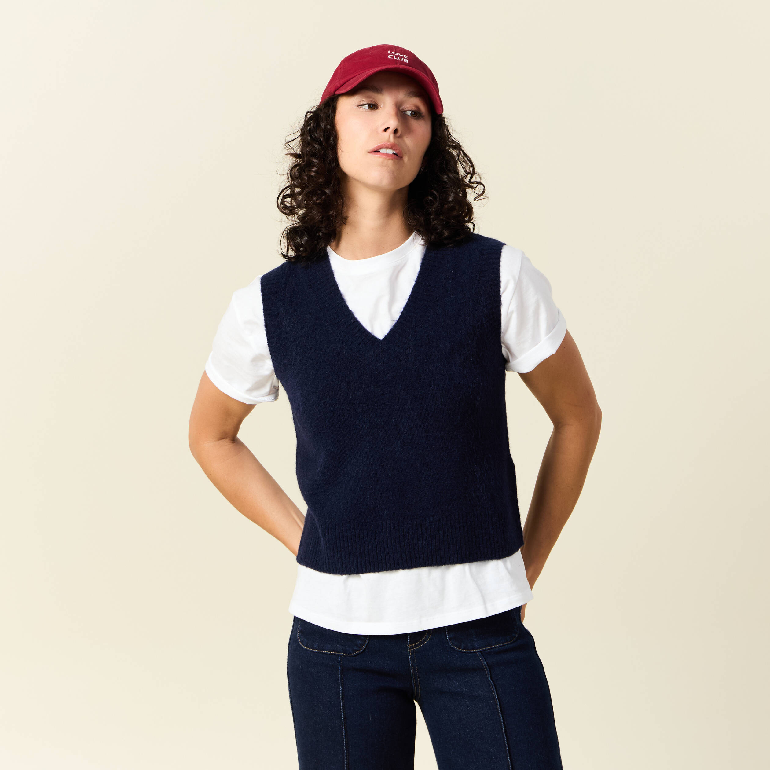pull sans manches col en v bleu marine femme Pull sans manches col en V bleu marine femme