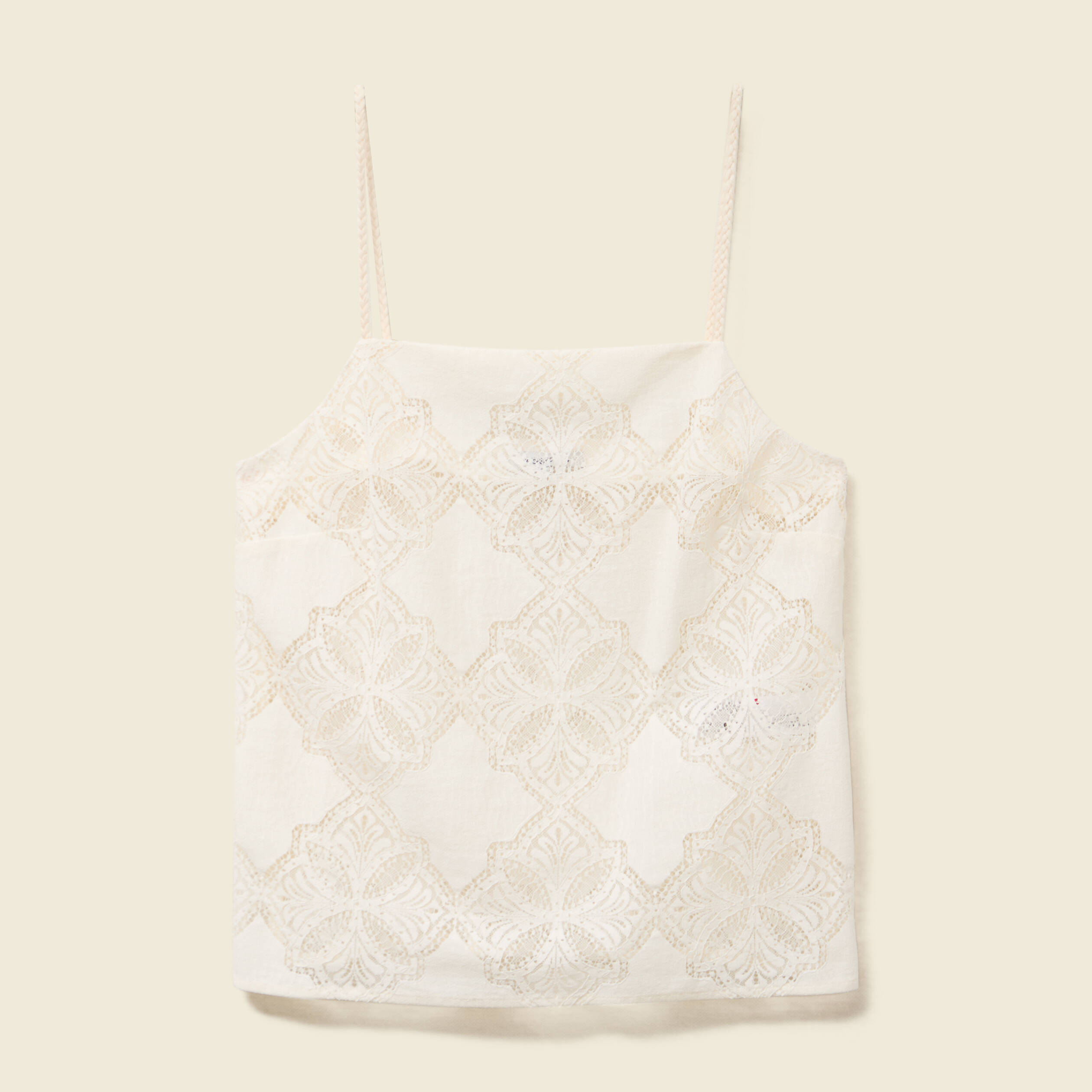 Débardeur droit court col carré dentelle ecru femme