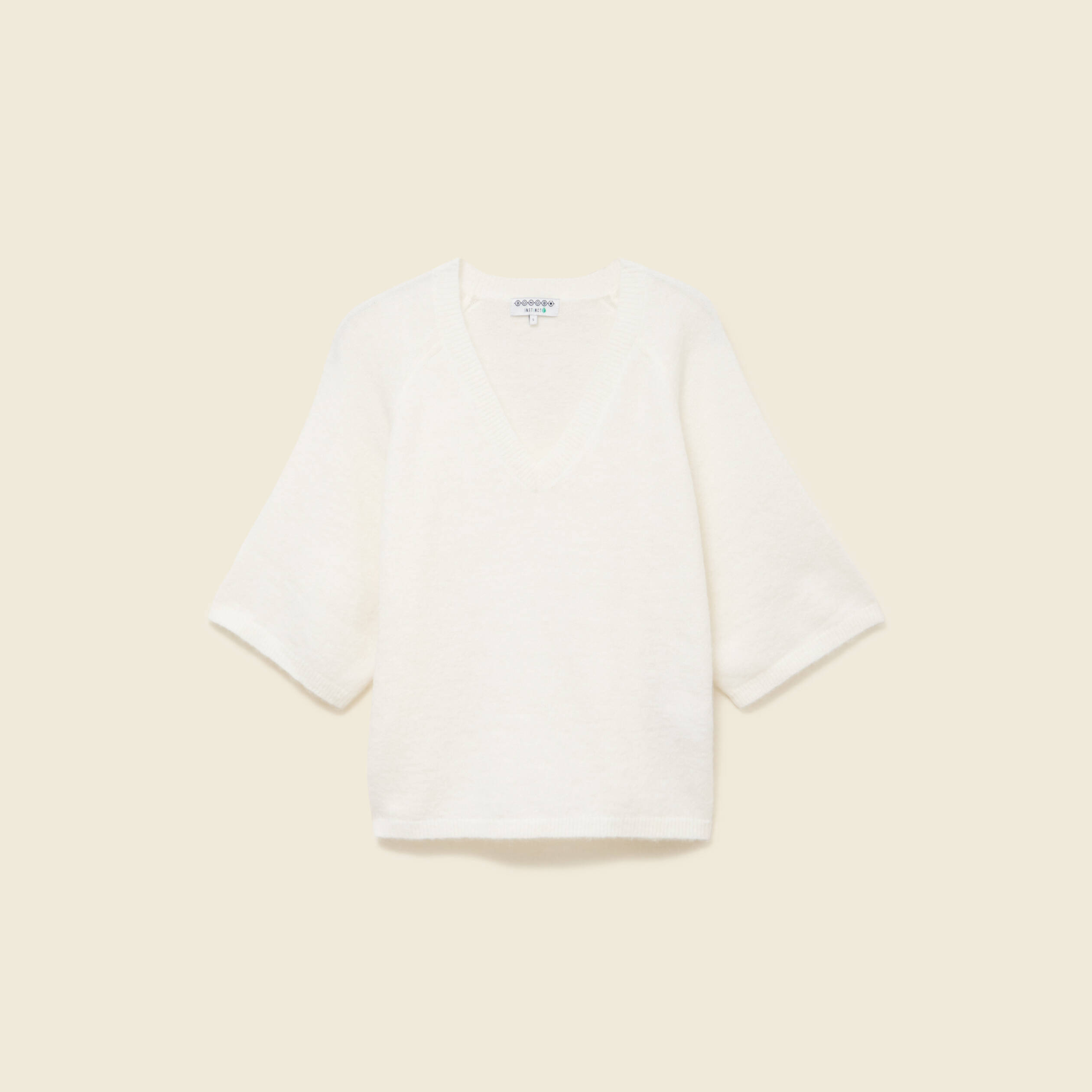 Pull col v manches 3/4 ecru femme