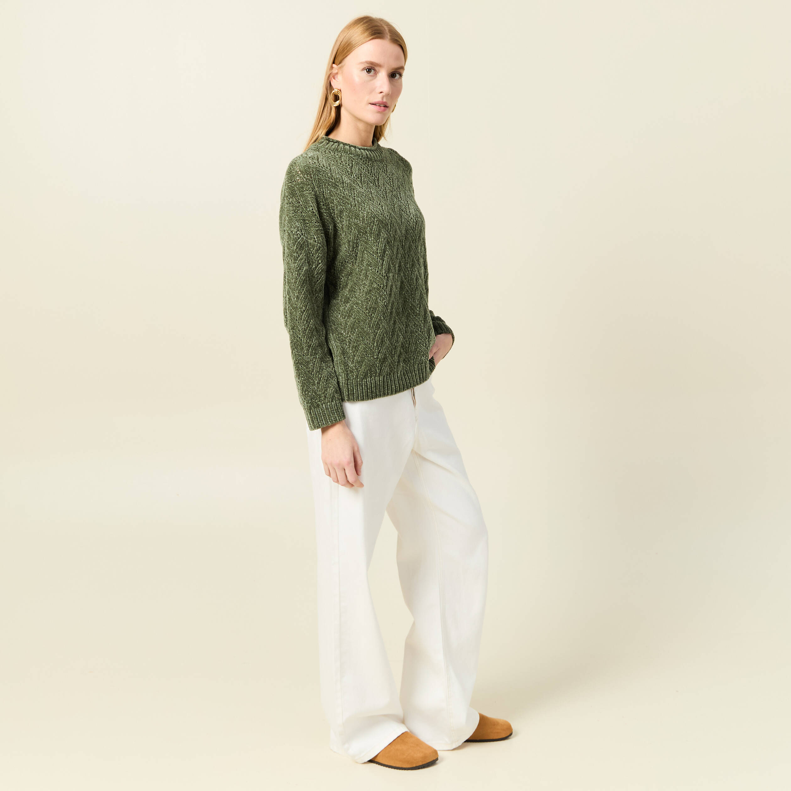Pull manches longues ajouré vert kaki femme