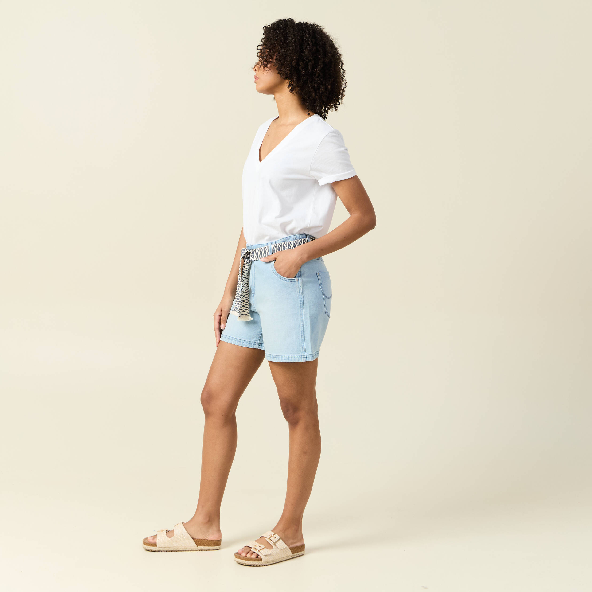 short boyfriend ceinture jean denim bleach femme Short boyfriend ceinturé jean denim bleach femme