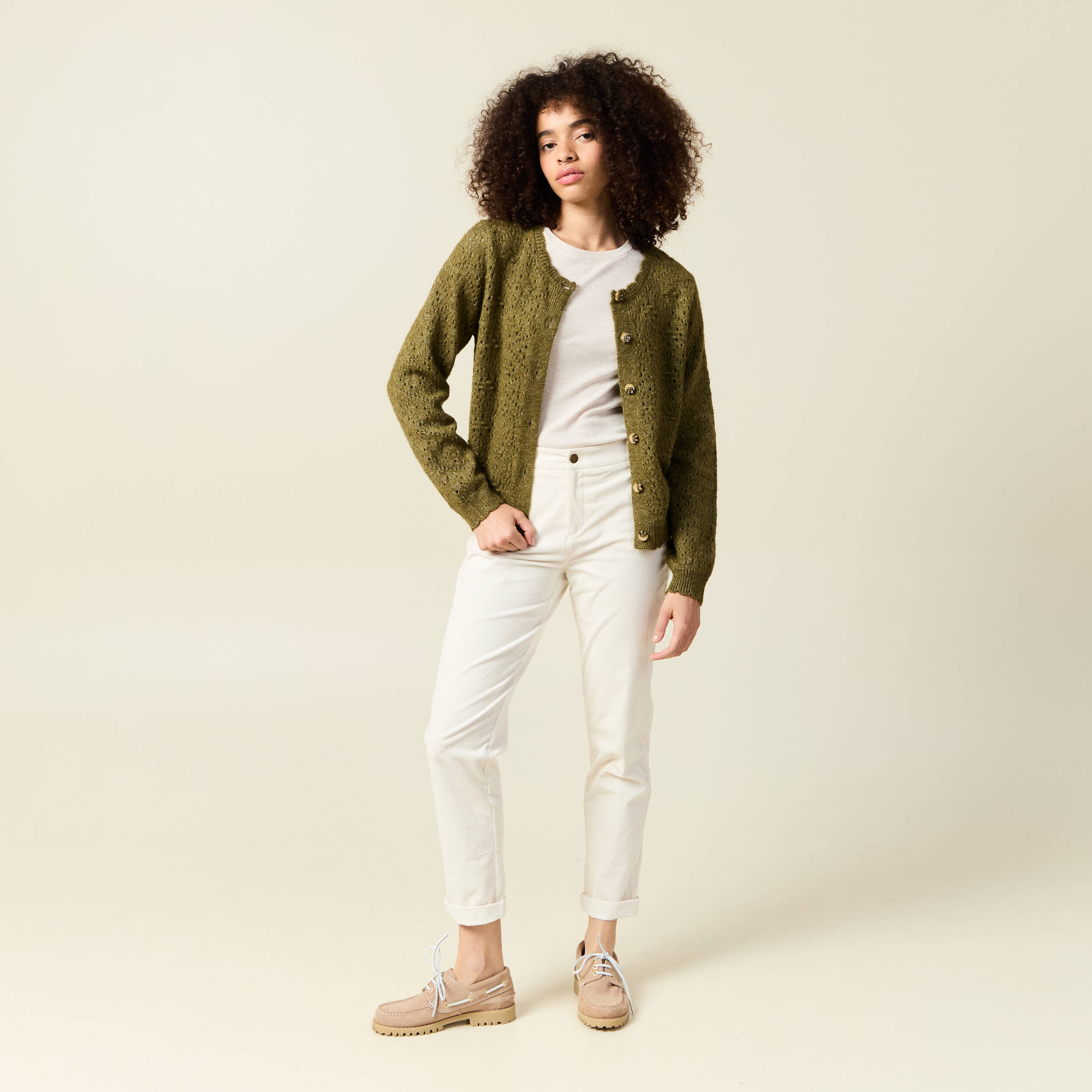 Gilet manches longues col rond vert kaki femme Bonobo